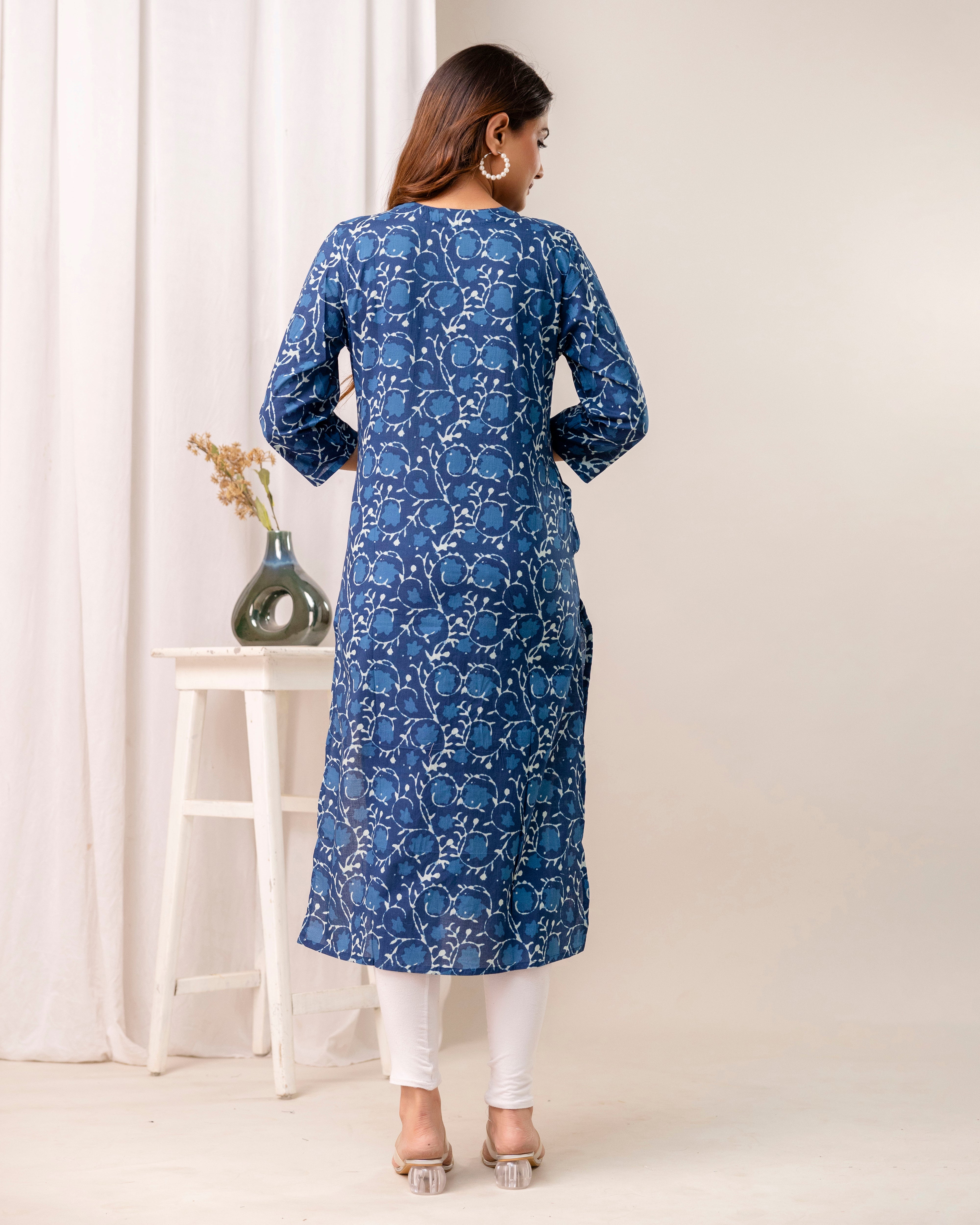 The 'Indira' Indigo Bloom Straight Kurta