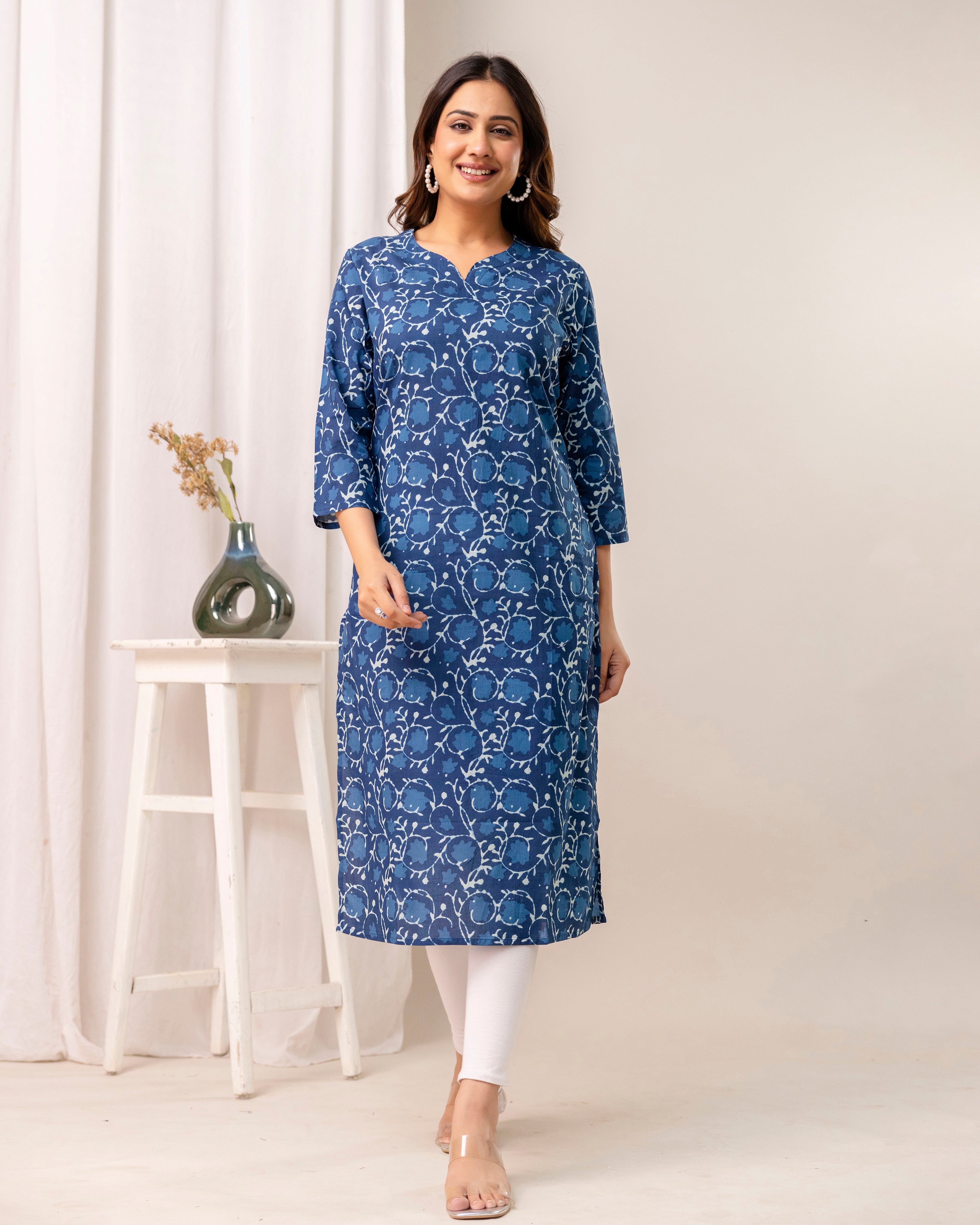 The 'Indira' Indigo Bloom Straight Kurta