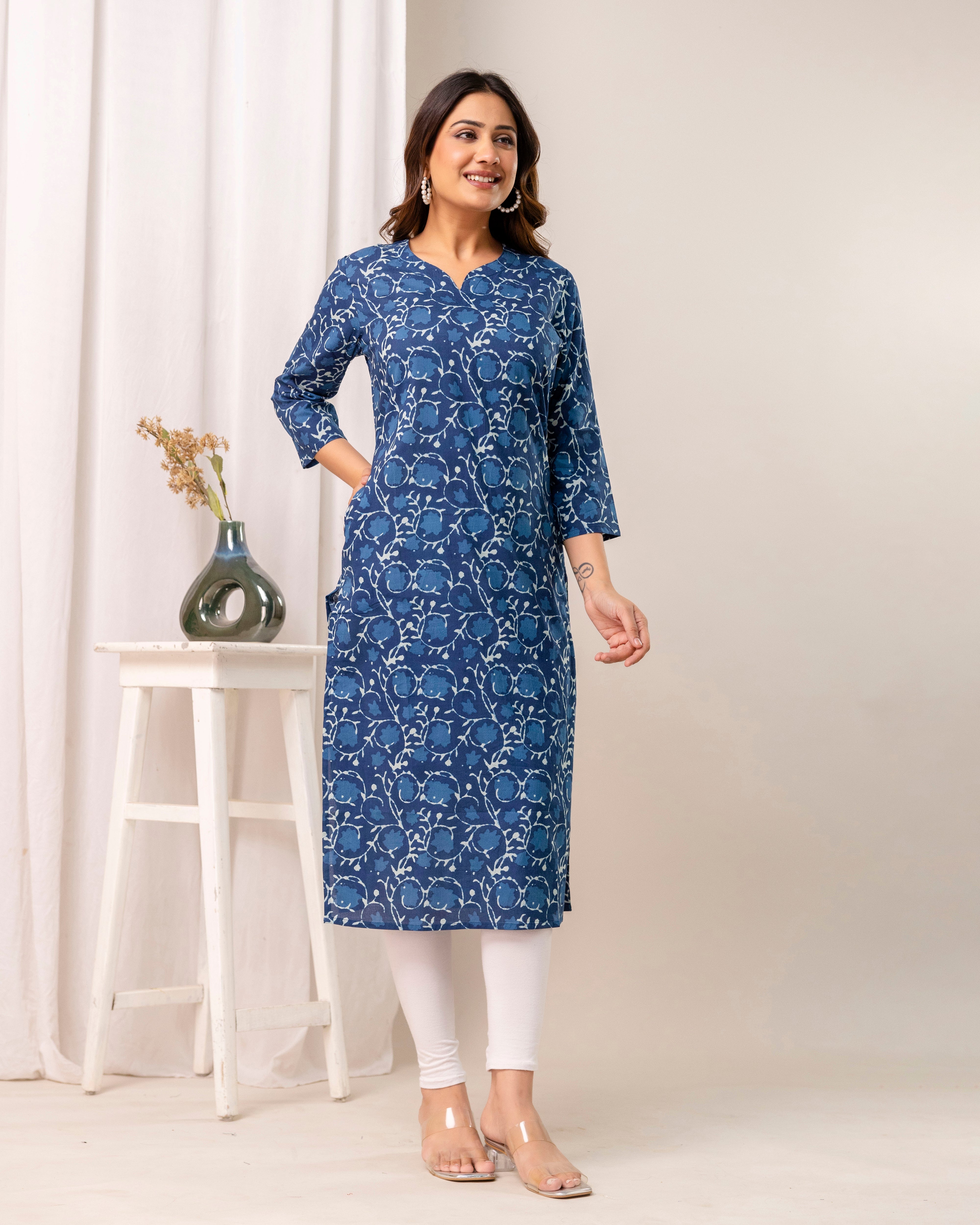 The 'Indira' Indigo Bloom Straight Kurta