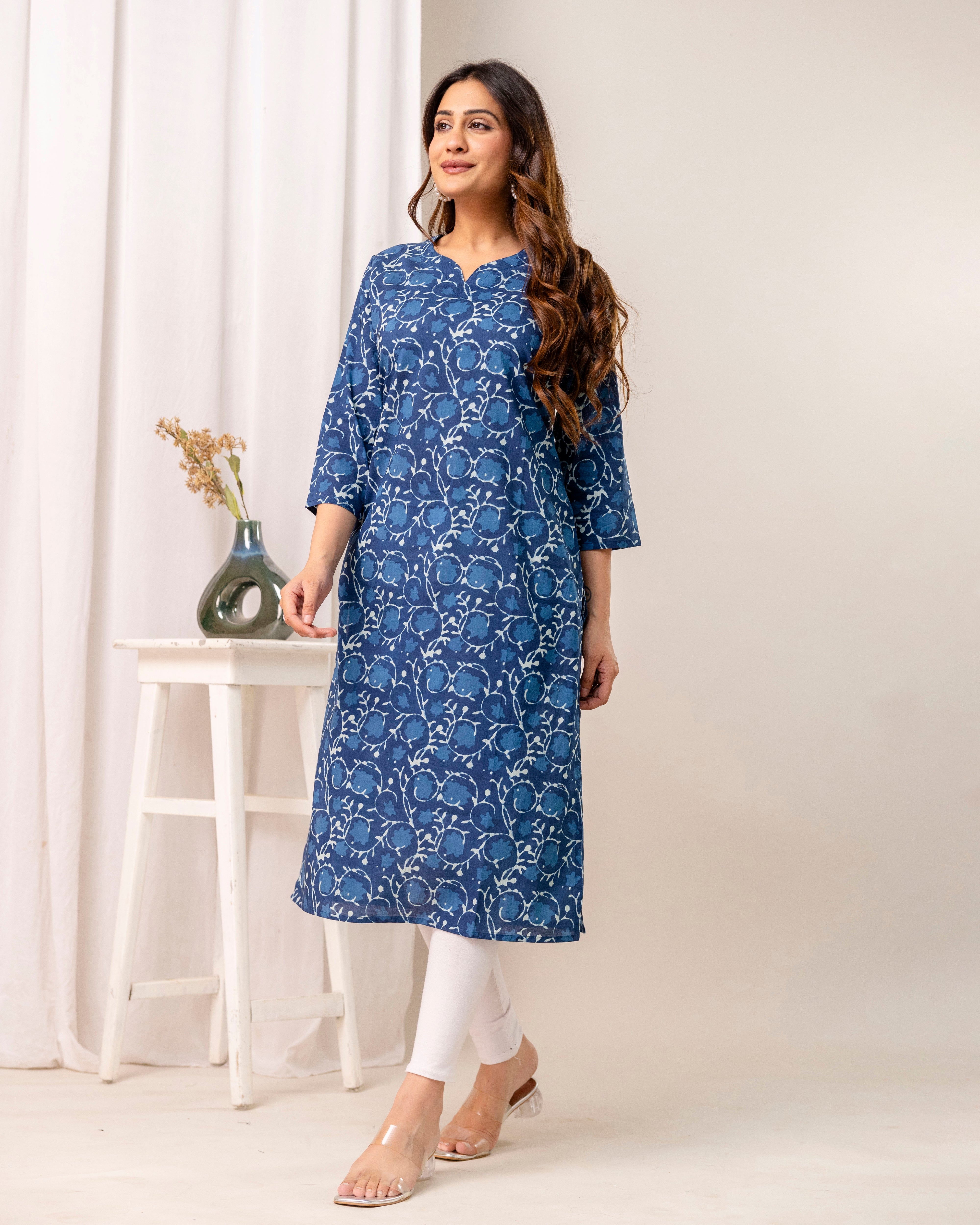 The 'Indira' Indigo Bloom Straight Kurta