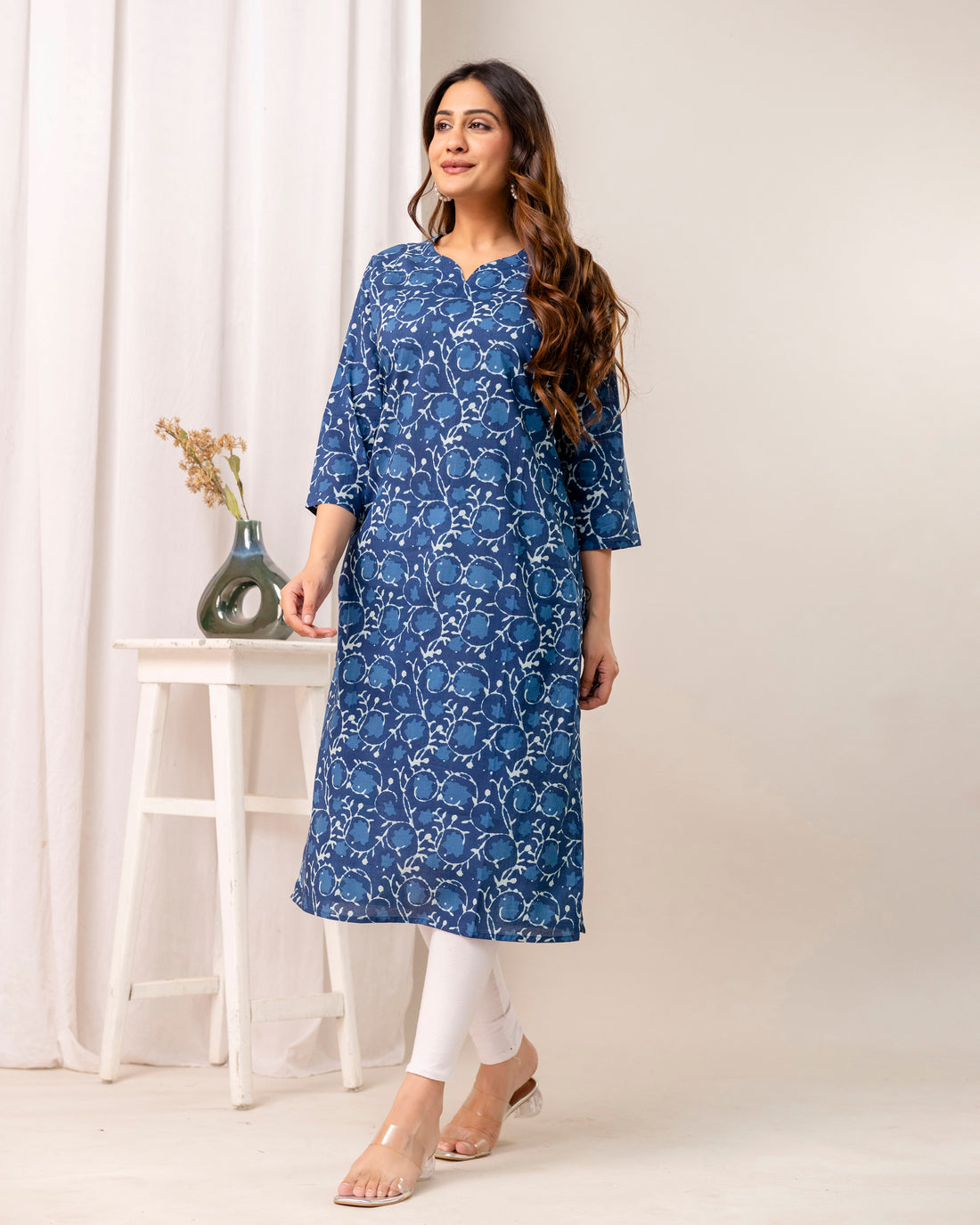 The 'Indira' Indigo Bloom Straight Kurta