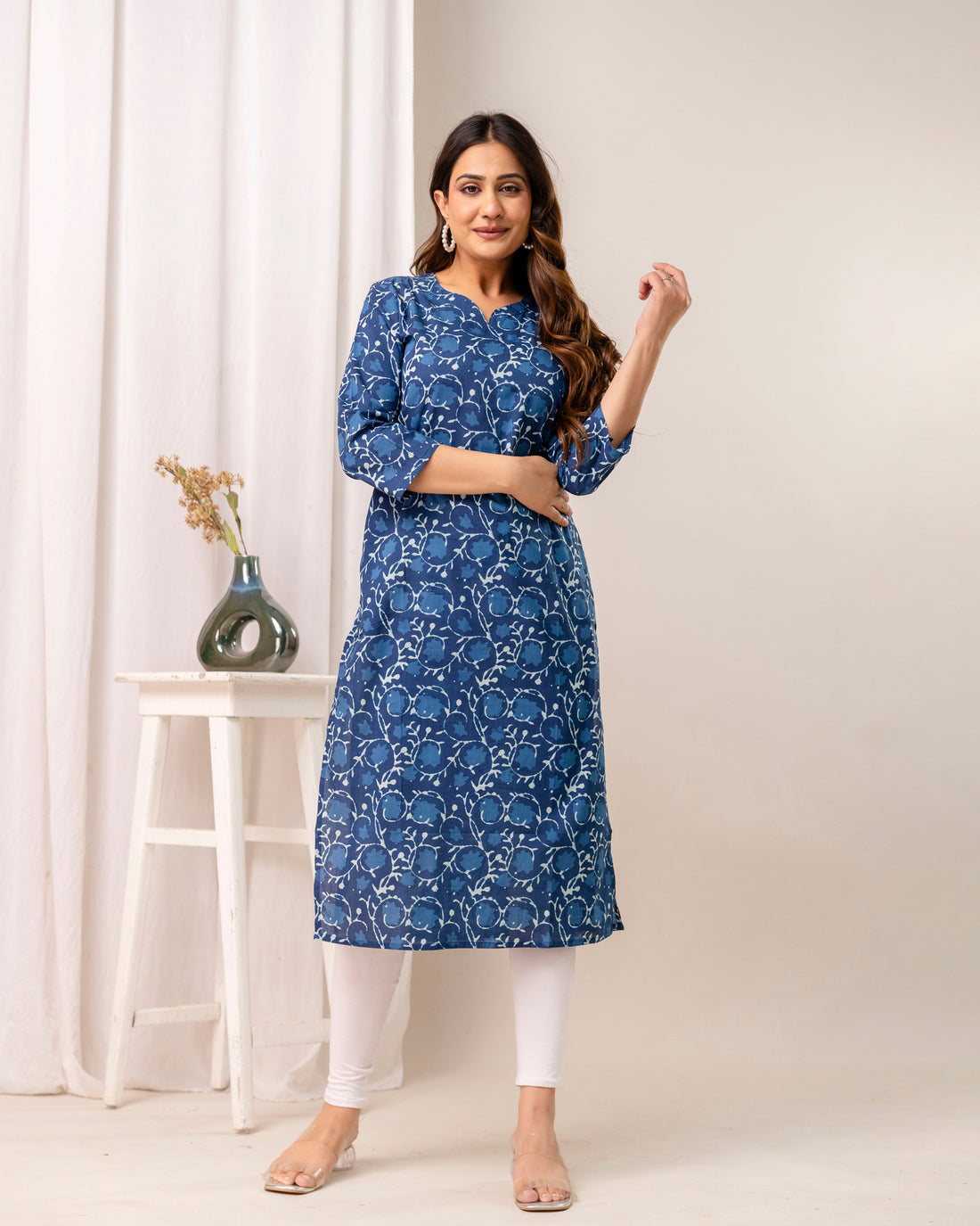 The 'Indira' Indigo Bloom Straight Kurta