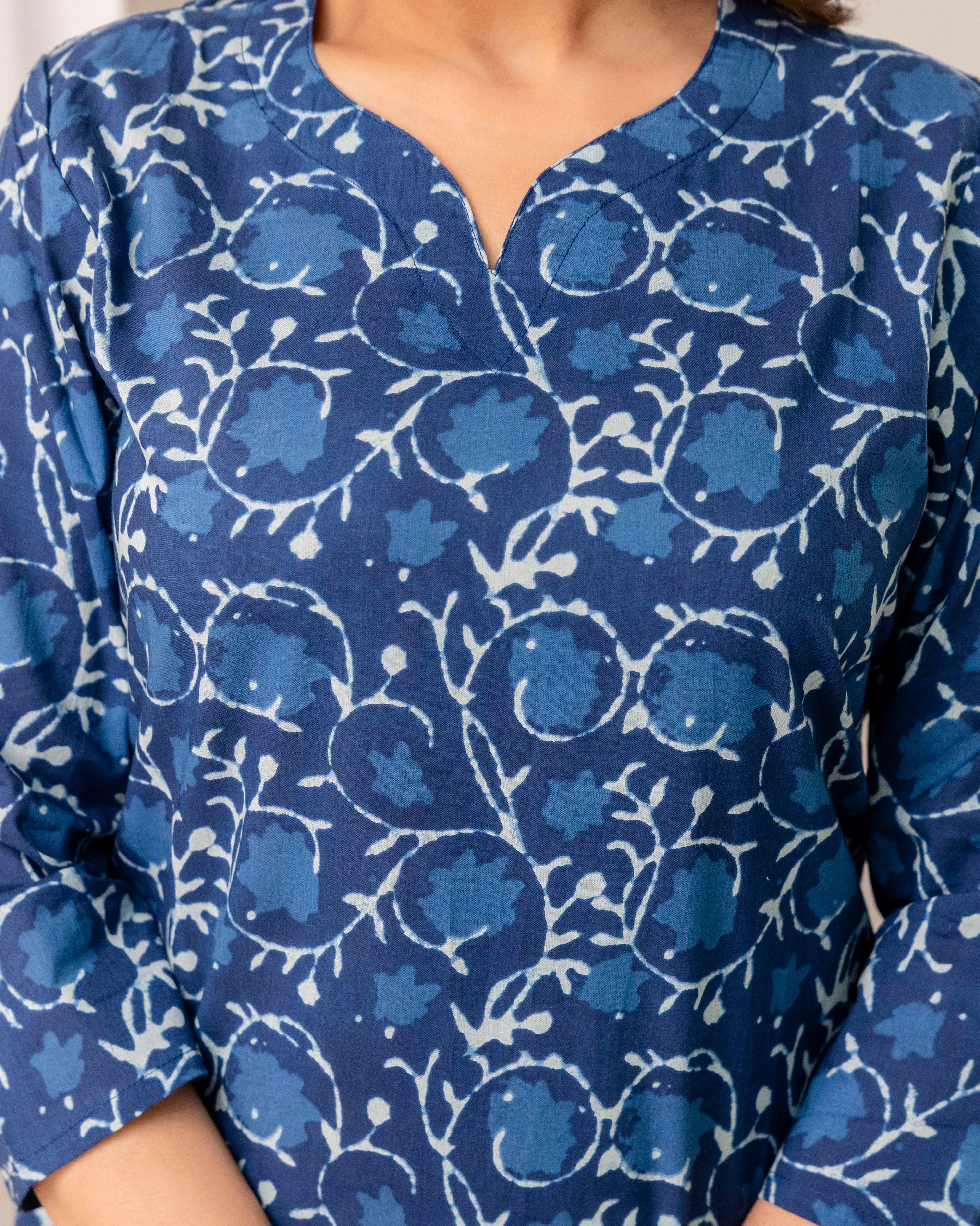 The 'Indira' Indigo Bloom Straight Kurta