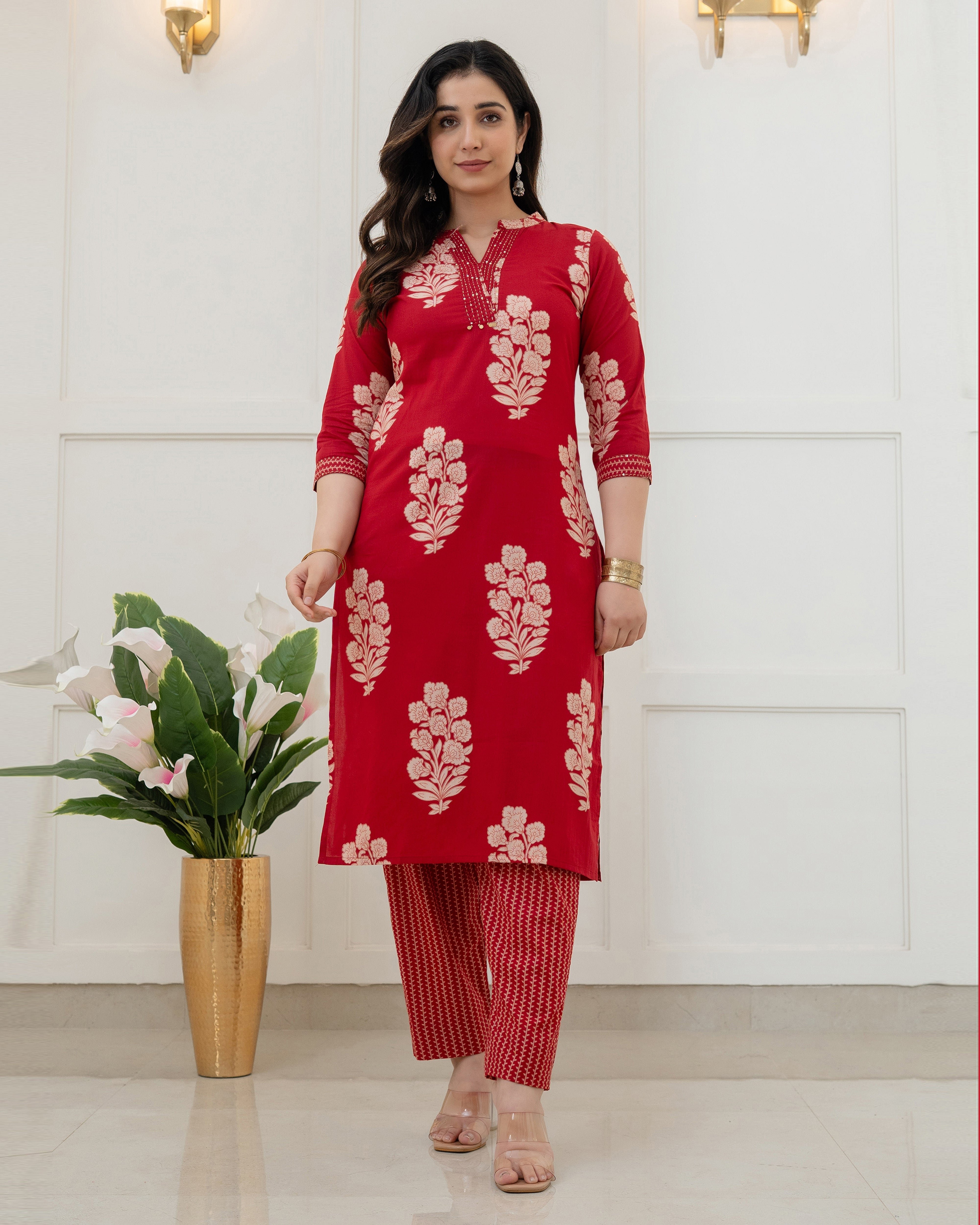 GULNAAR RED FLORAL COTTON KURTA SET