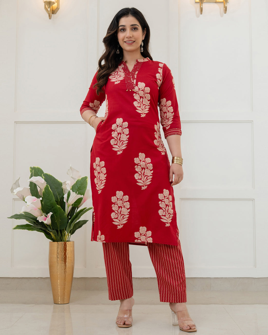 GULNAAR RED FLORAL COTTON KURTA SET
