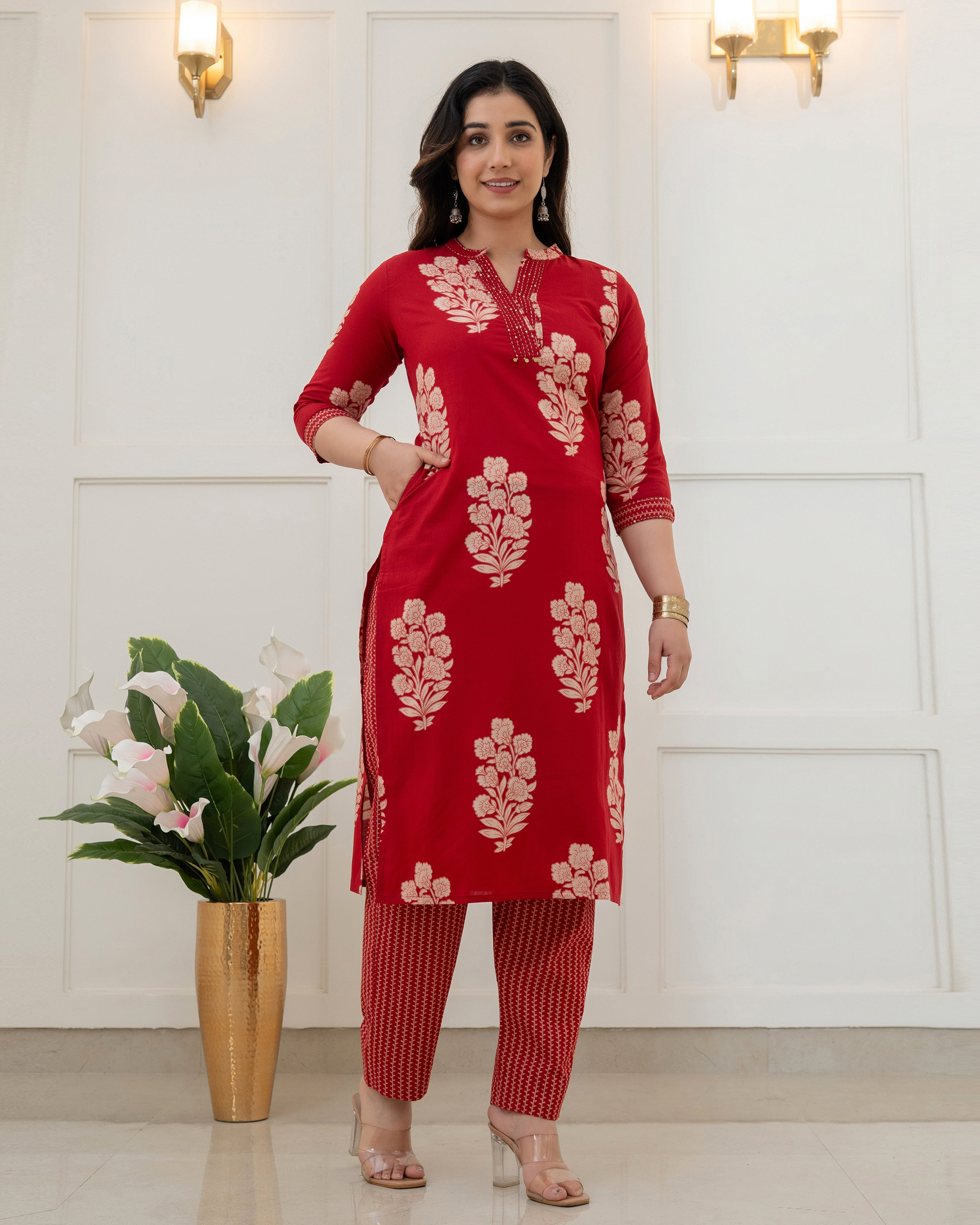 GULNAAR RED FLORAL COTTON KURTA SET
