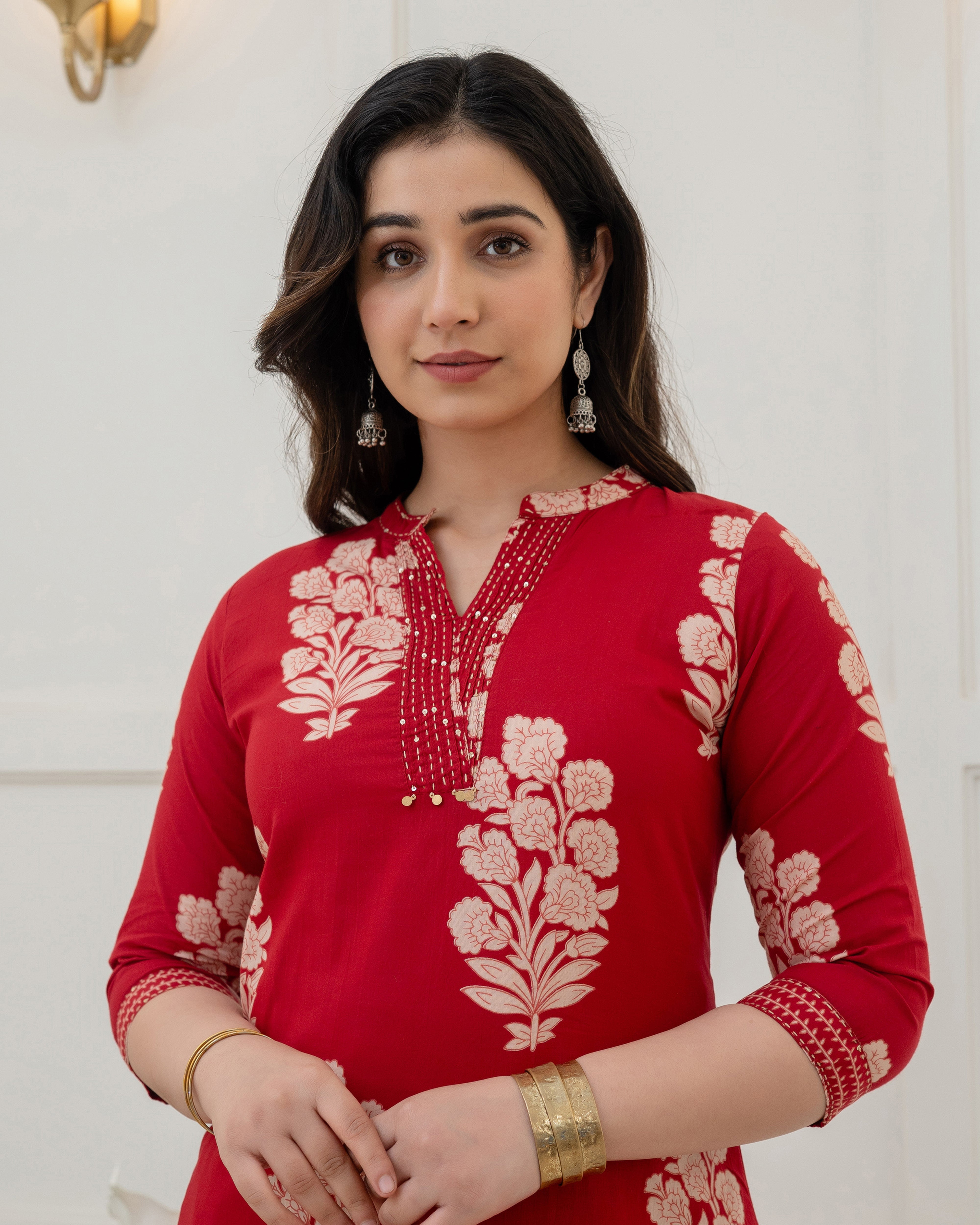 GULNAAR RED FLORAL COTTON KURTA SET