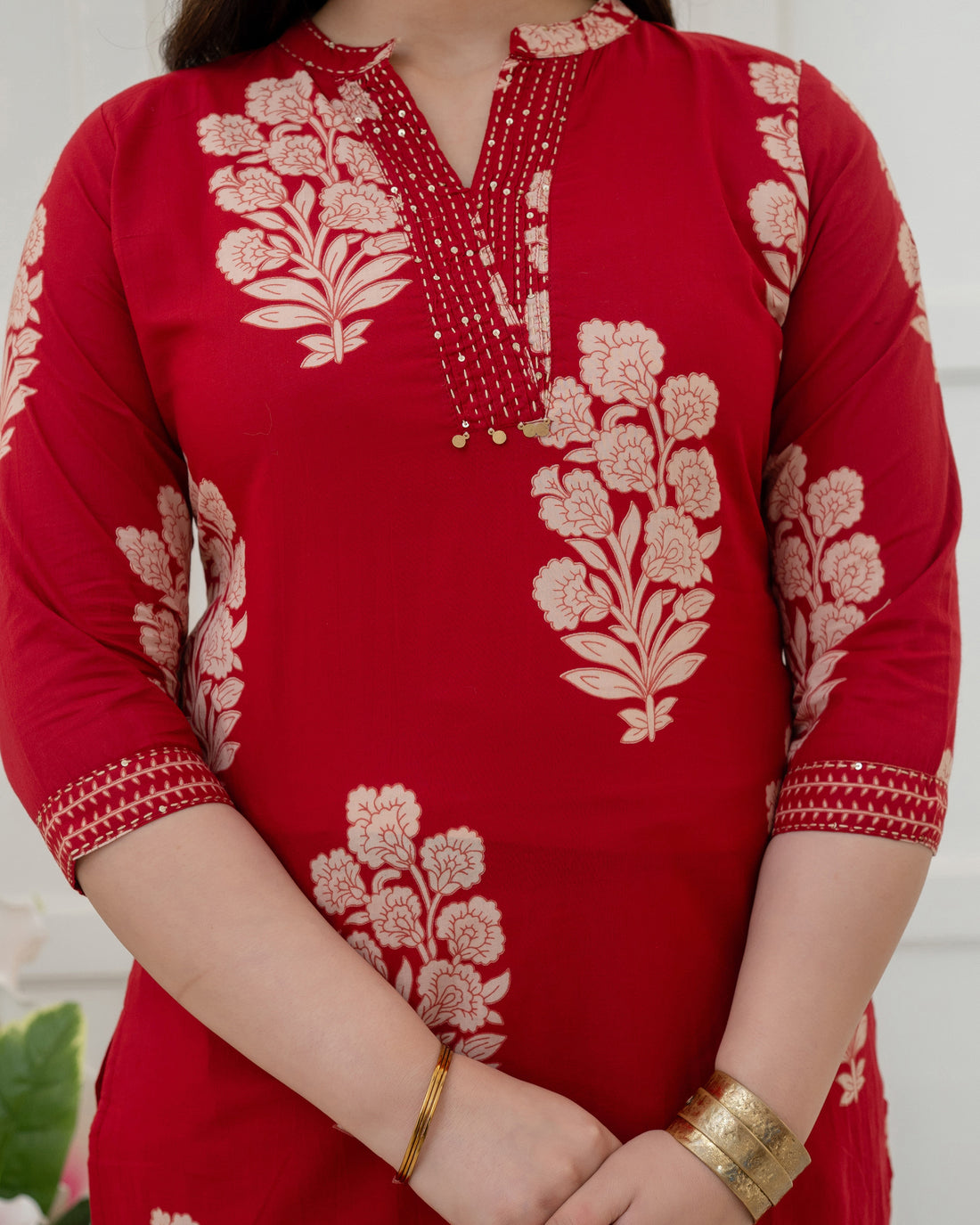 GULNAAR RED FLORAL COTTON KURTA SET