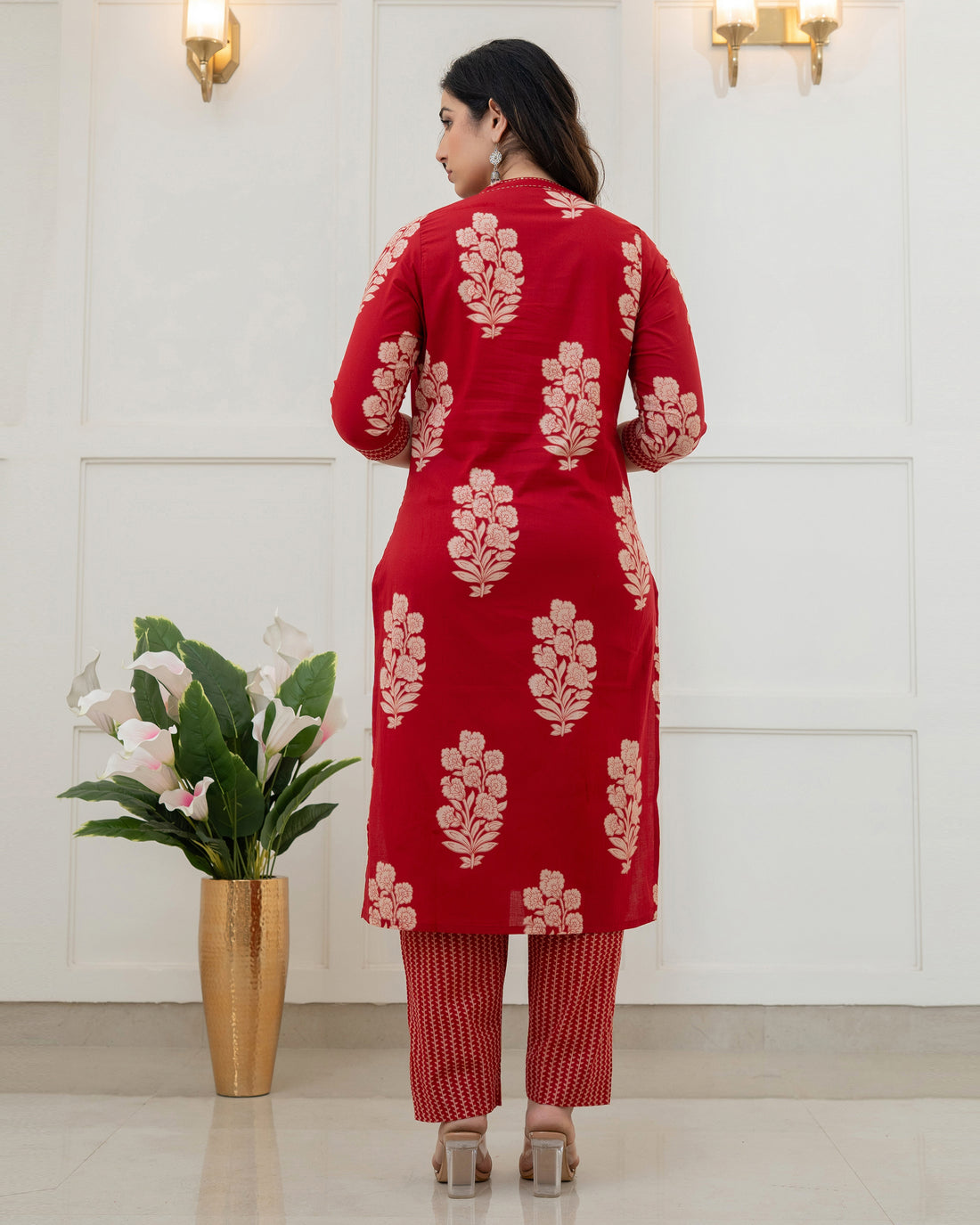 GULNAAR RED FLORAL COTTON KURTA SET