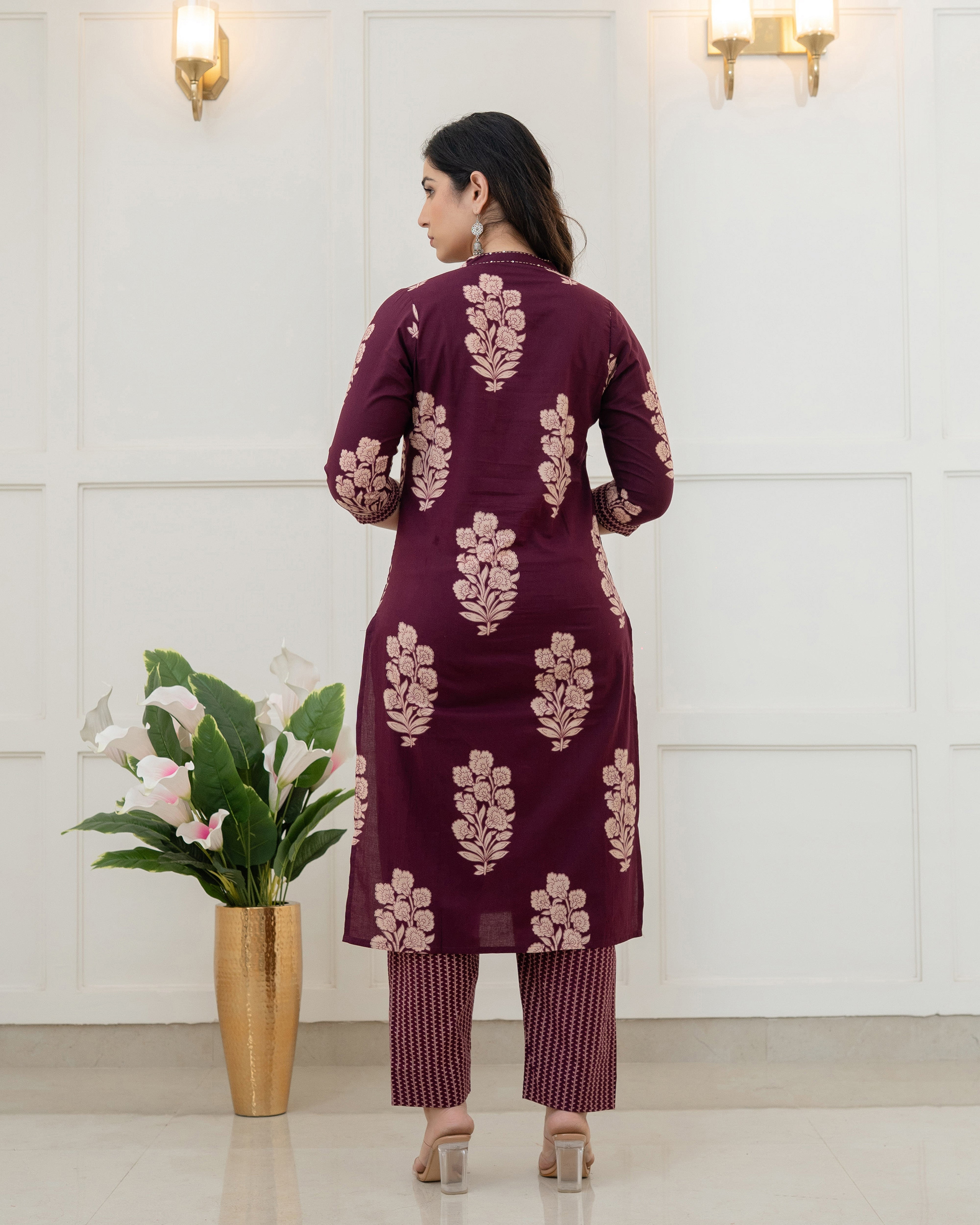 RUHANI WINE FLORAL COTTON KURTA SET