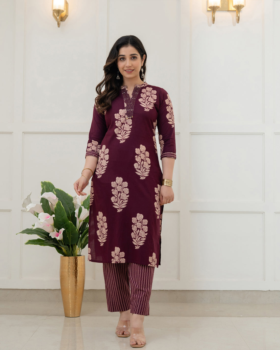 RUHANI WINE FLORAL COTTON KURTA SET