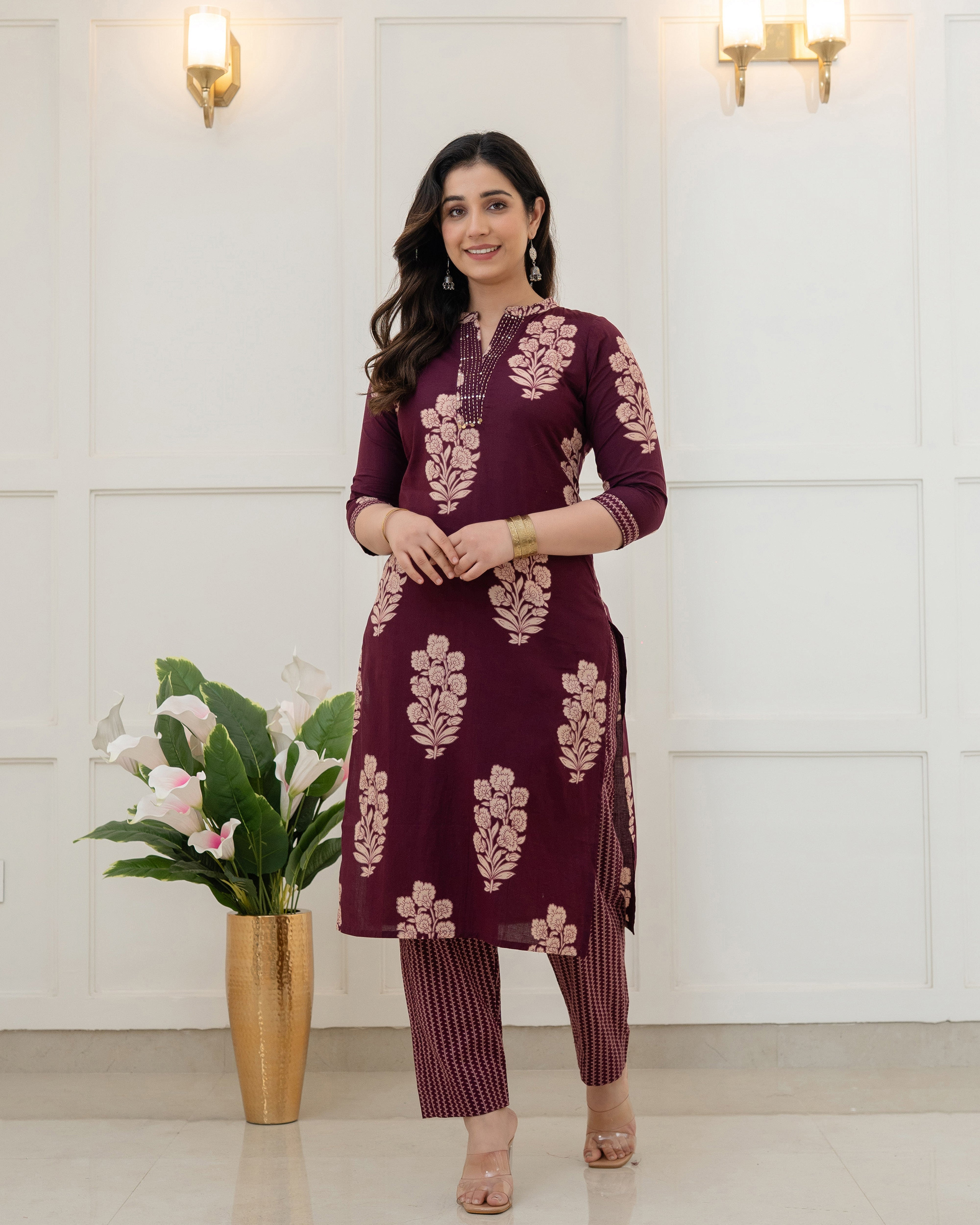 RUHANI WINE FLORAL COTTON KURTA SET