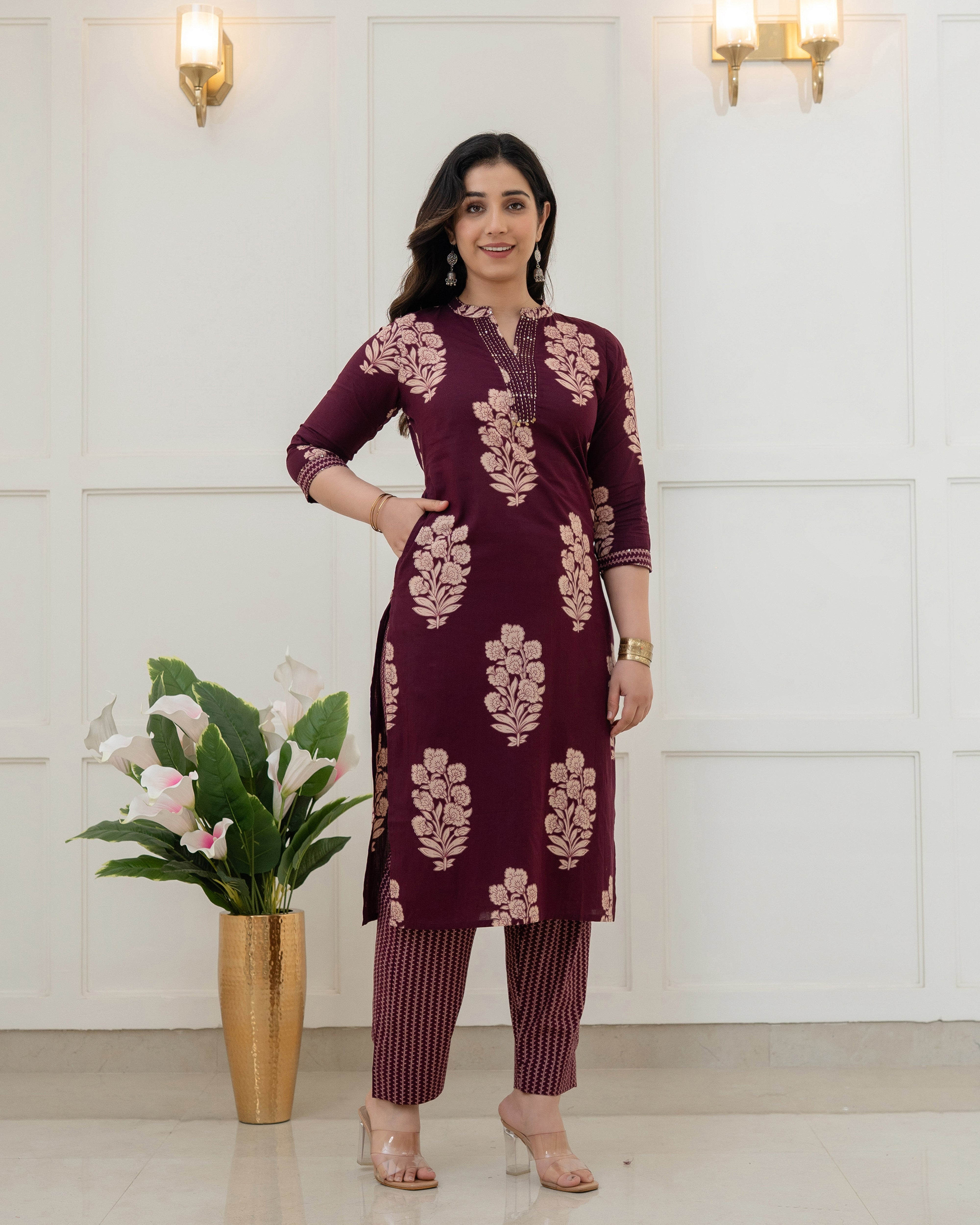 RUHANI WINE FLORAL COTTON KURTA SET