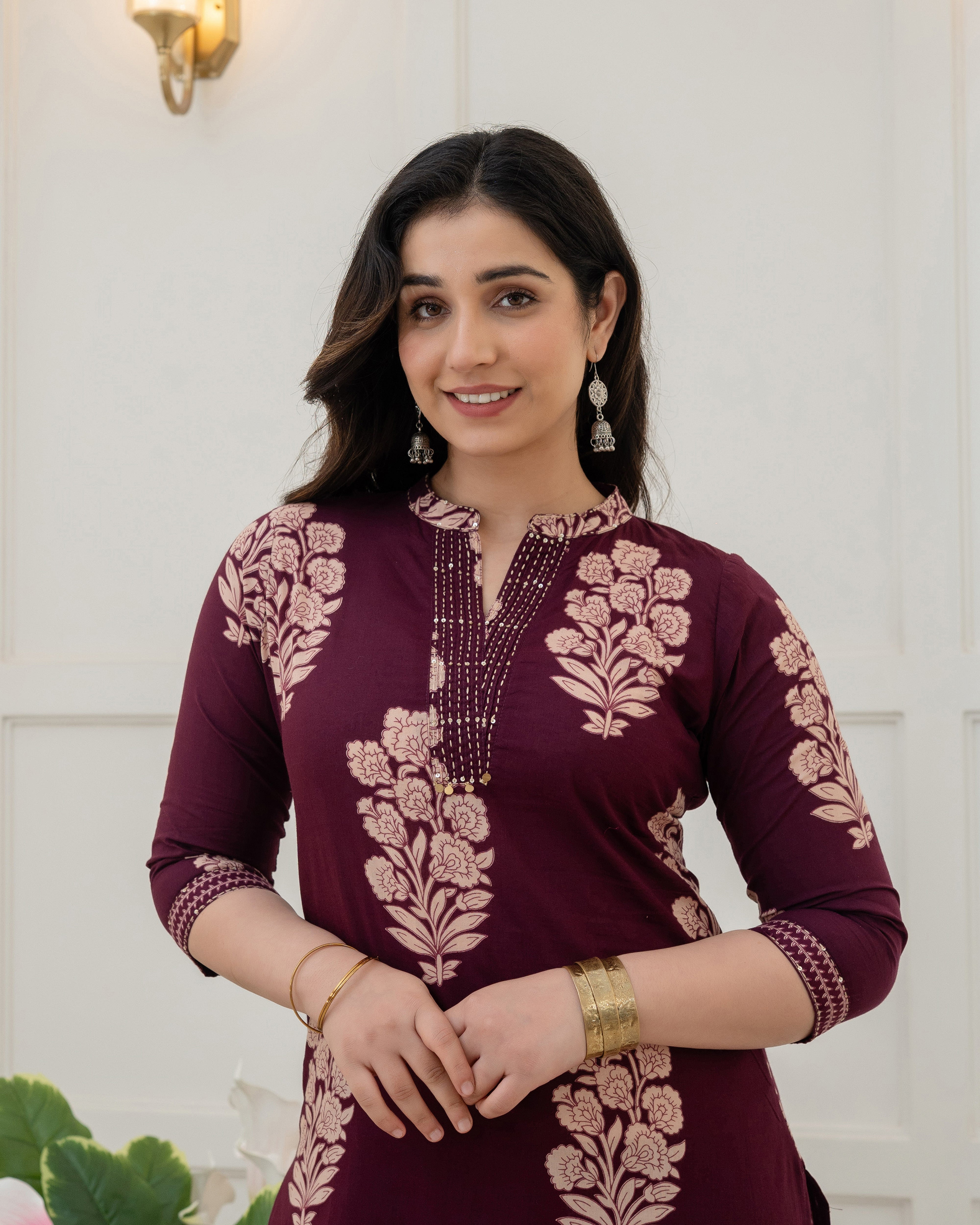 RUHANI WINE FLORAL COTTON KURTA SET