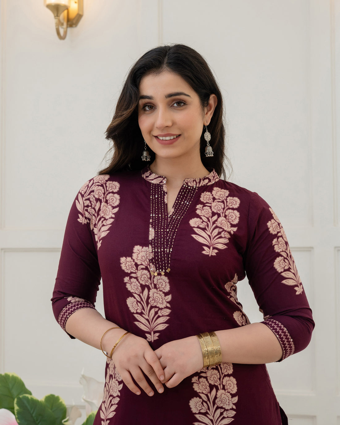 RUHANI WINE FLORAL COTTON KURTA SET