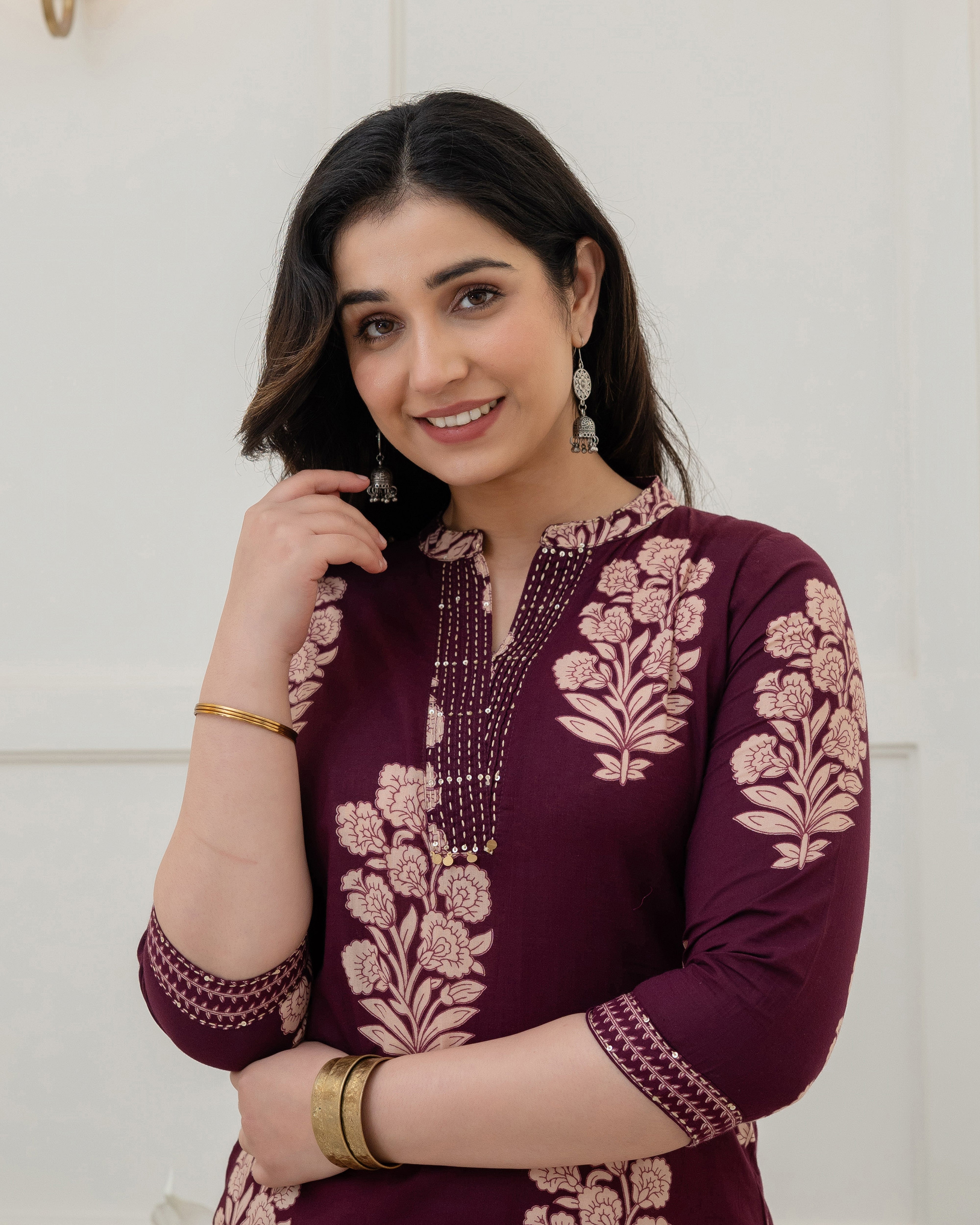 RUHANI WINE FLORAL COTTON KURTA SET