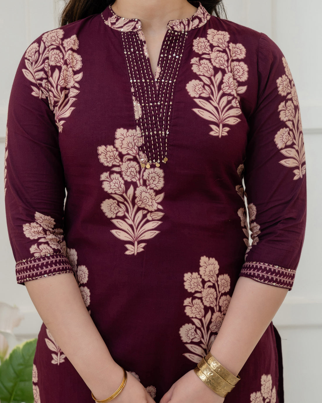 RUHANI WINE FLORAL COTTON KURTA SET