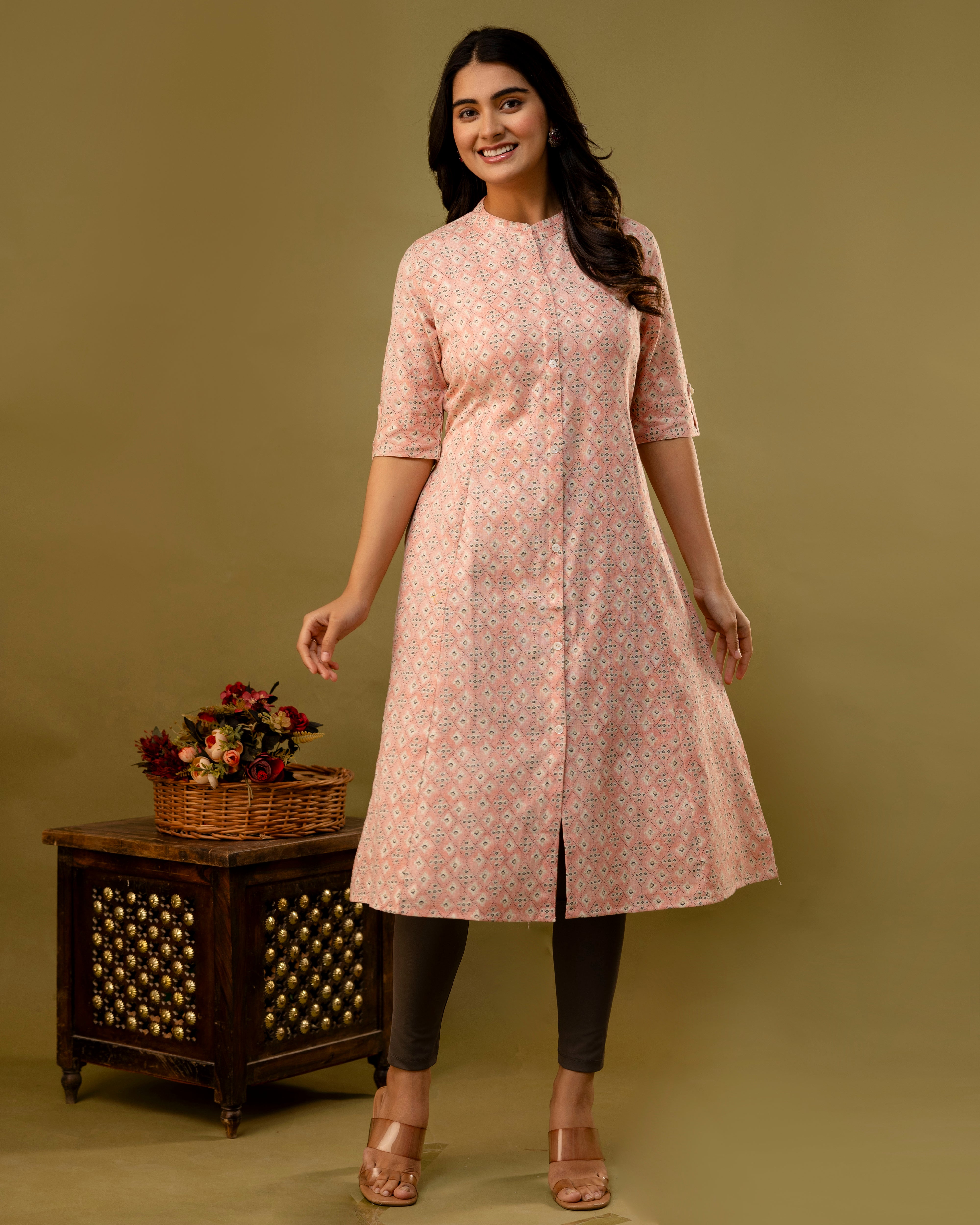 The 'Inaya' Peach Geometric A-Line Kurta