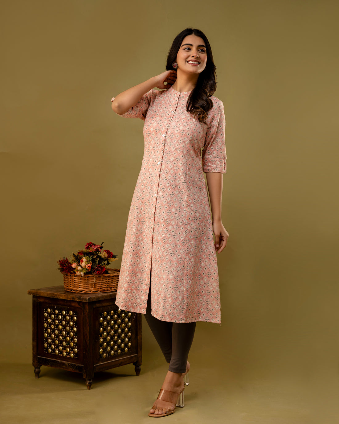 The 'Inaya' Peach Geometric A-Line Kurta