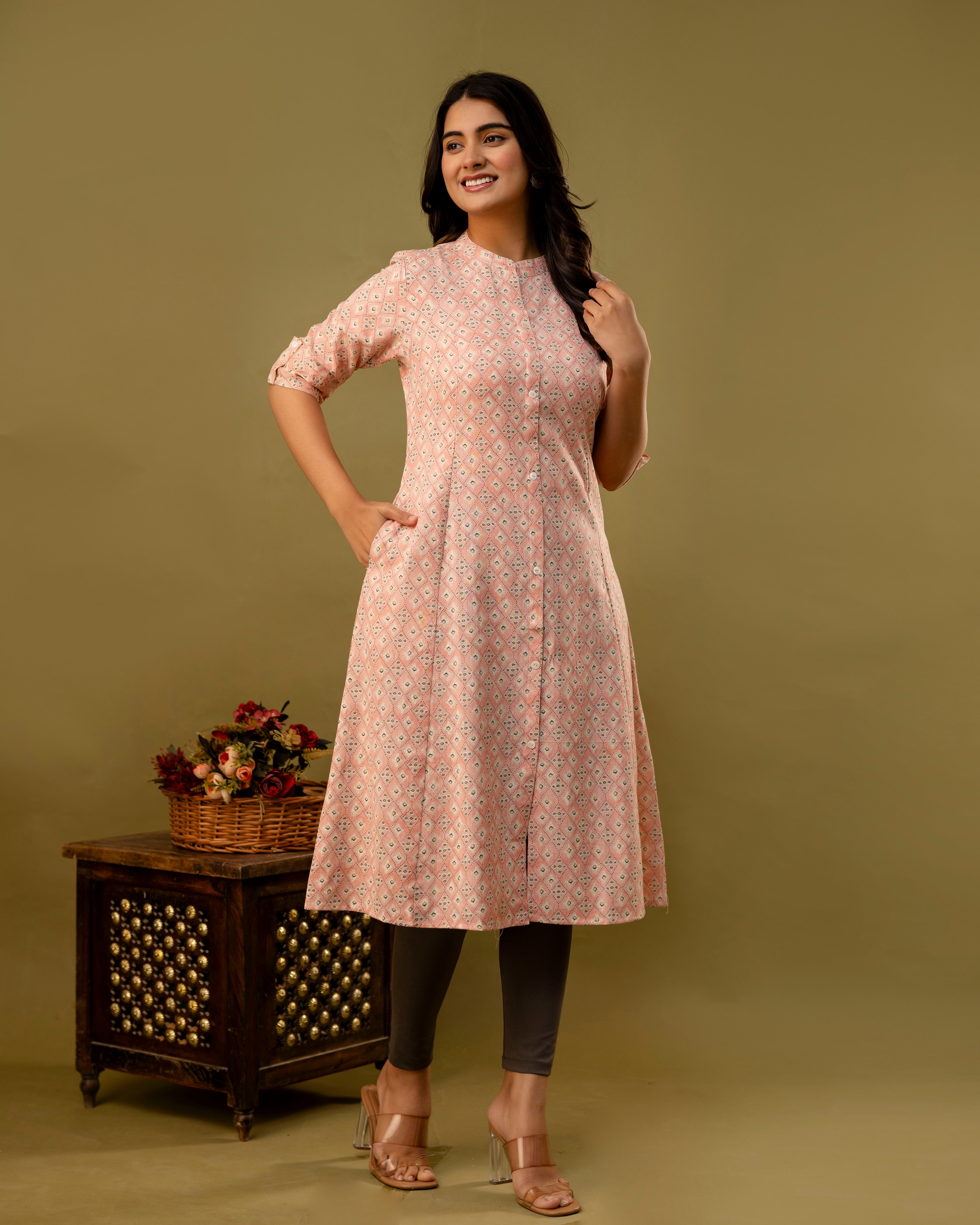 The 'Inaya' Peach Geometric A-Line Kurta