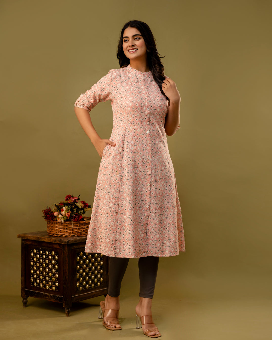 The 'Inaya' Peach Geometric A-Line Kurta
