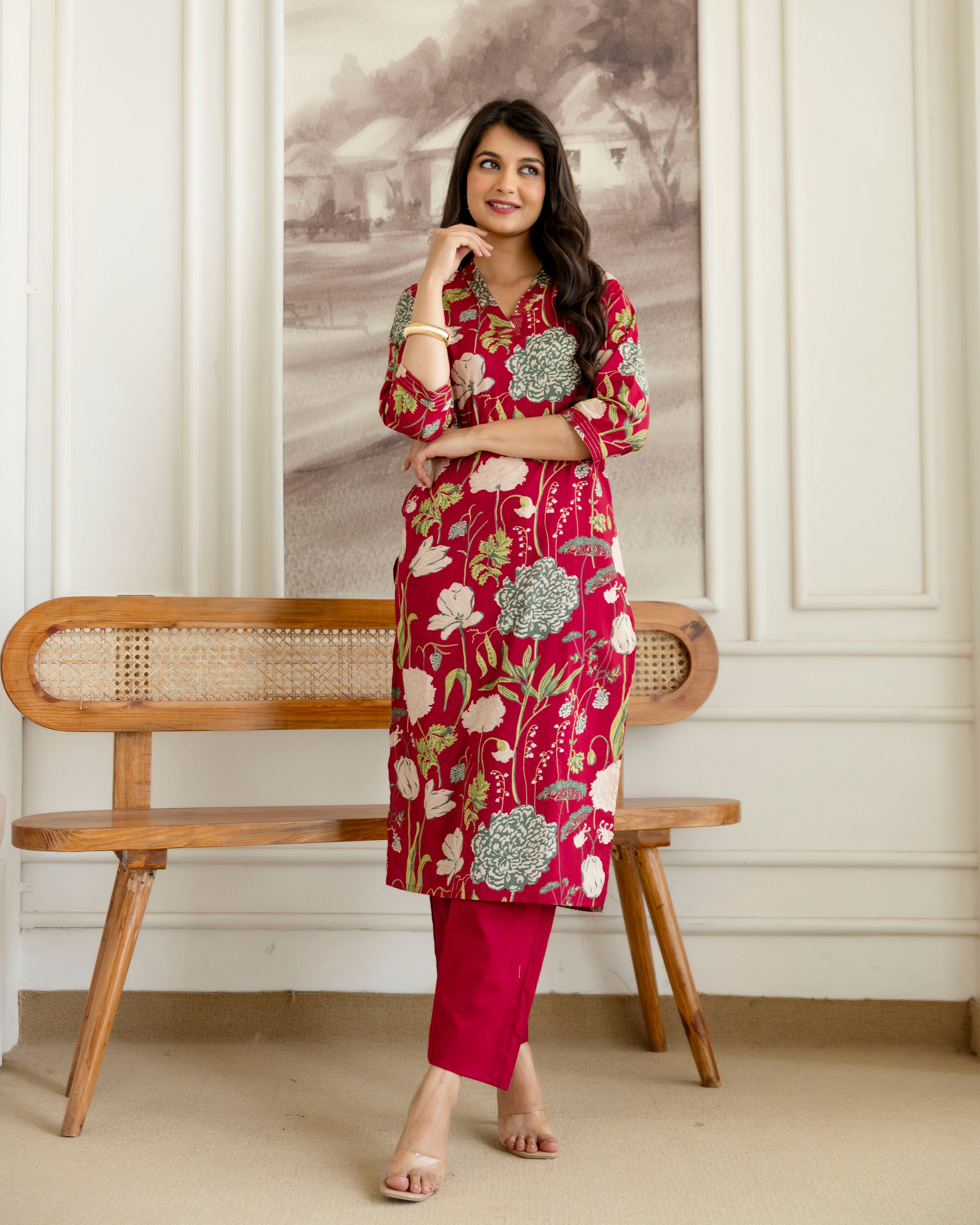 PHOOLWARI RED COTTON KURTA SET