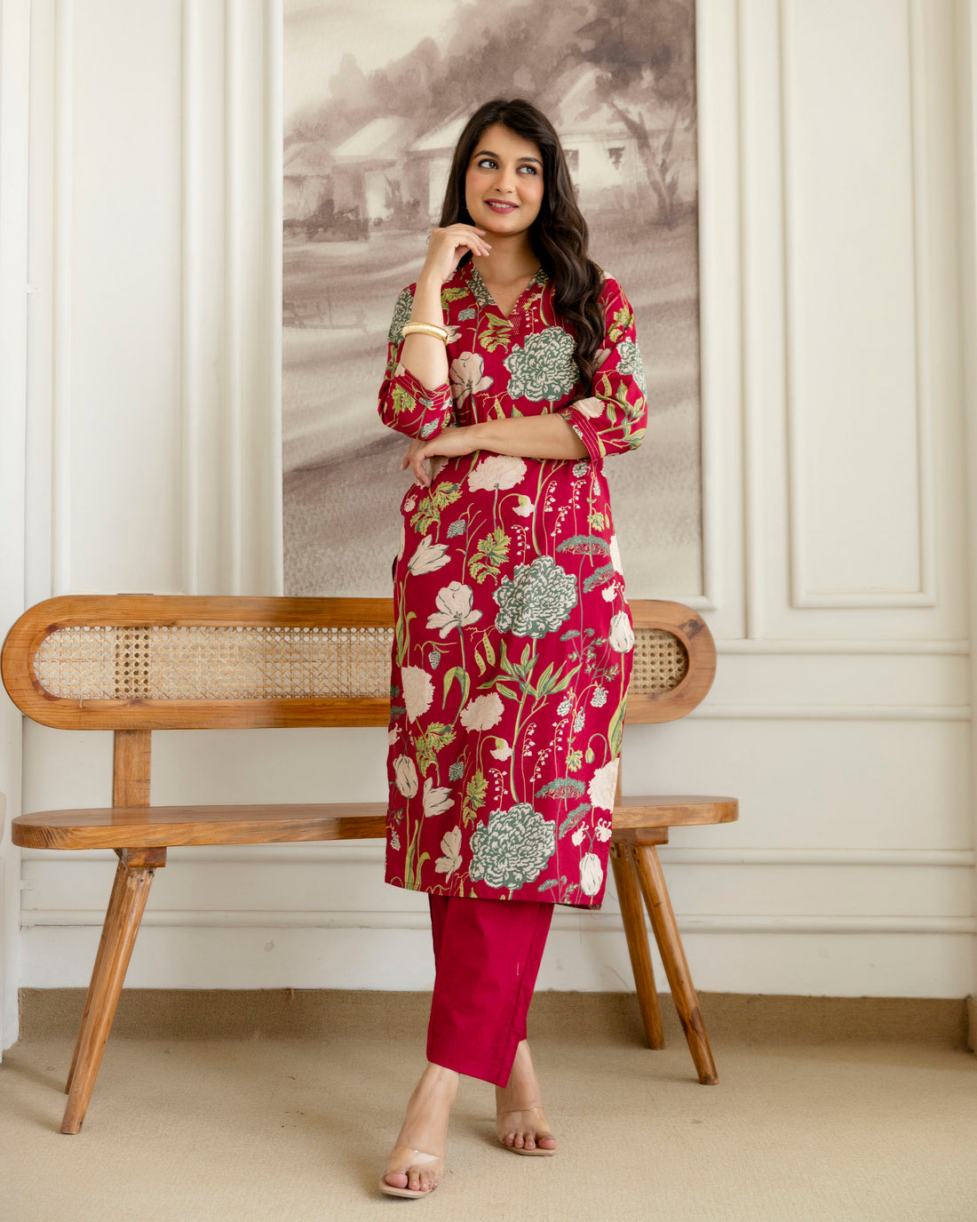 PHOOLWARI RED COTTON KURTA SET