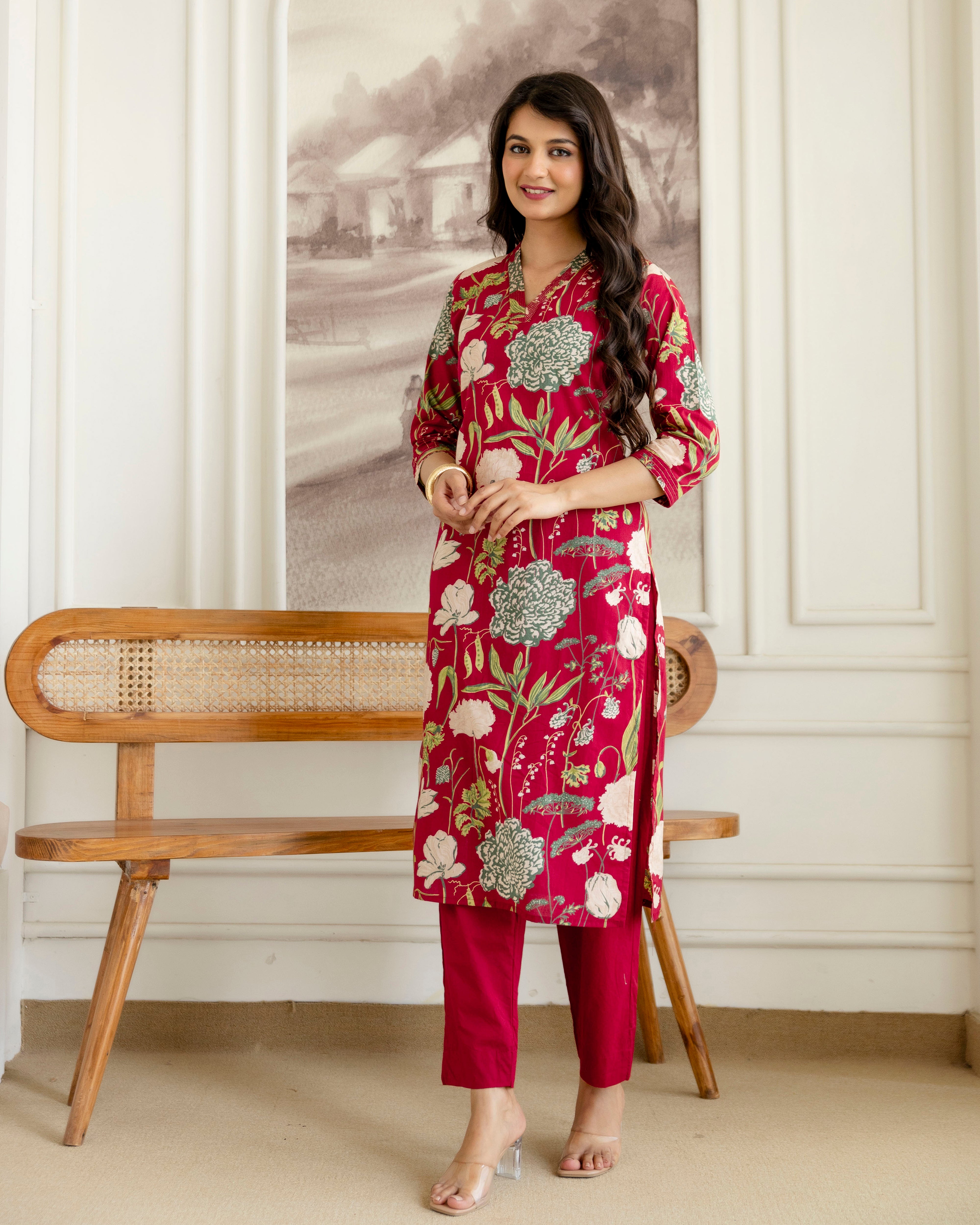 PHOOLWARI RED COTTON KURTA SET