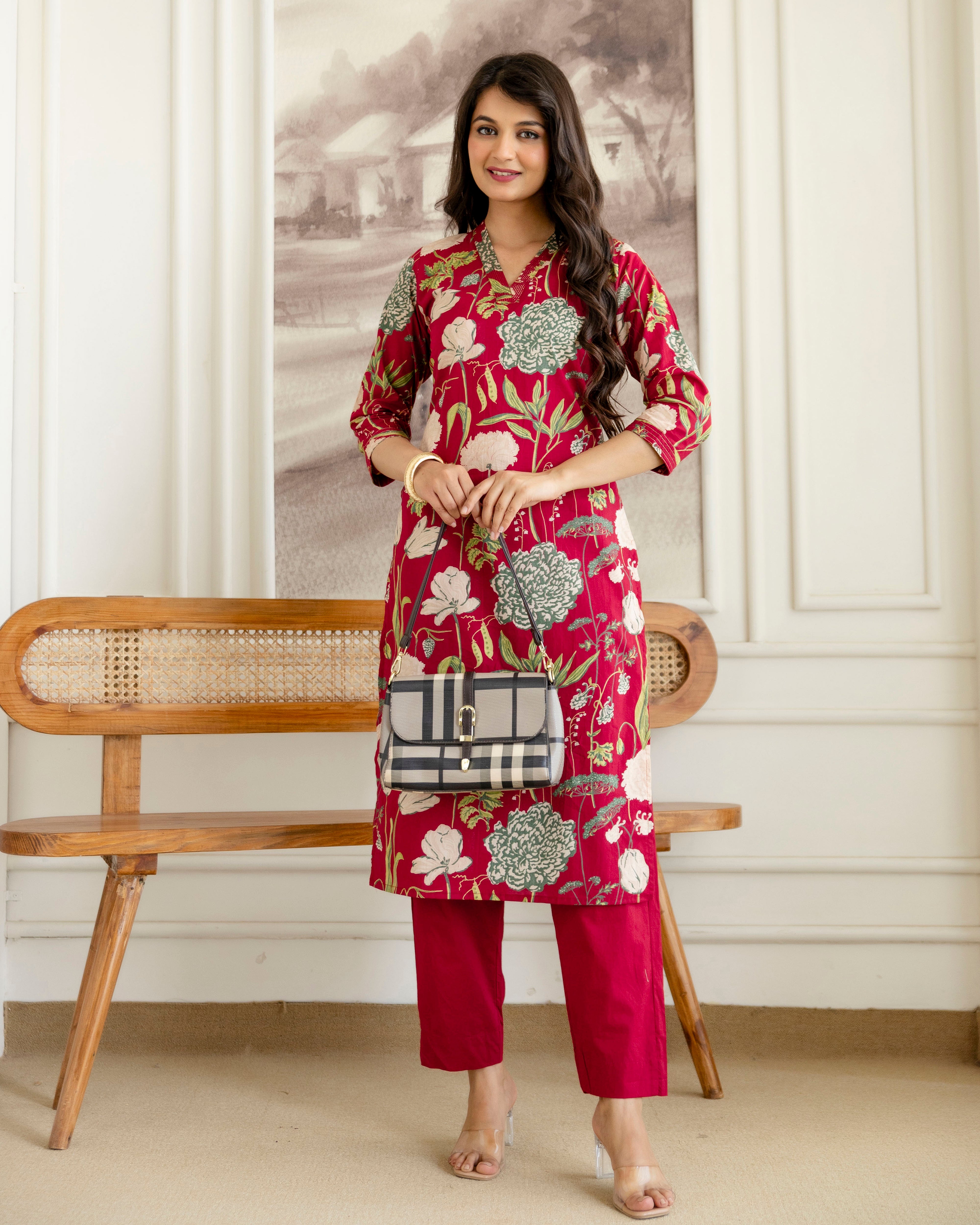 PHOOLWARI RED COTTON KURTA SET