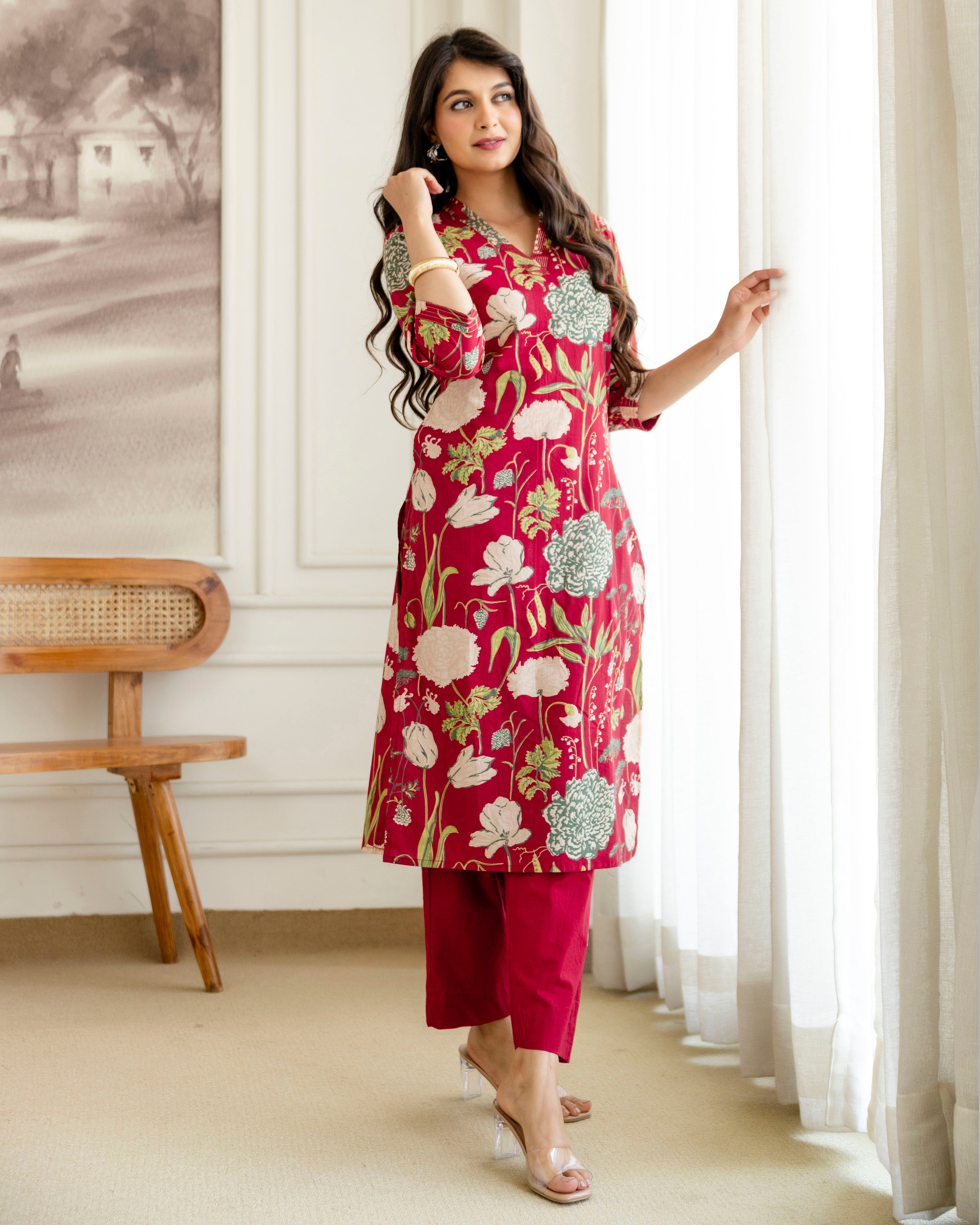 PHOOLWARI RED COTTON KURTA SET