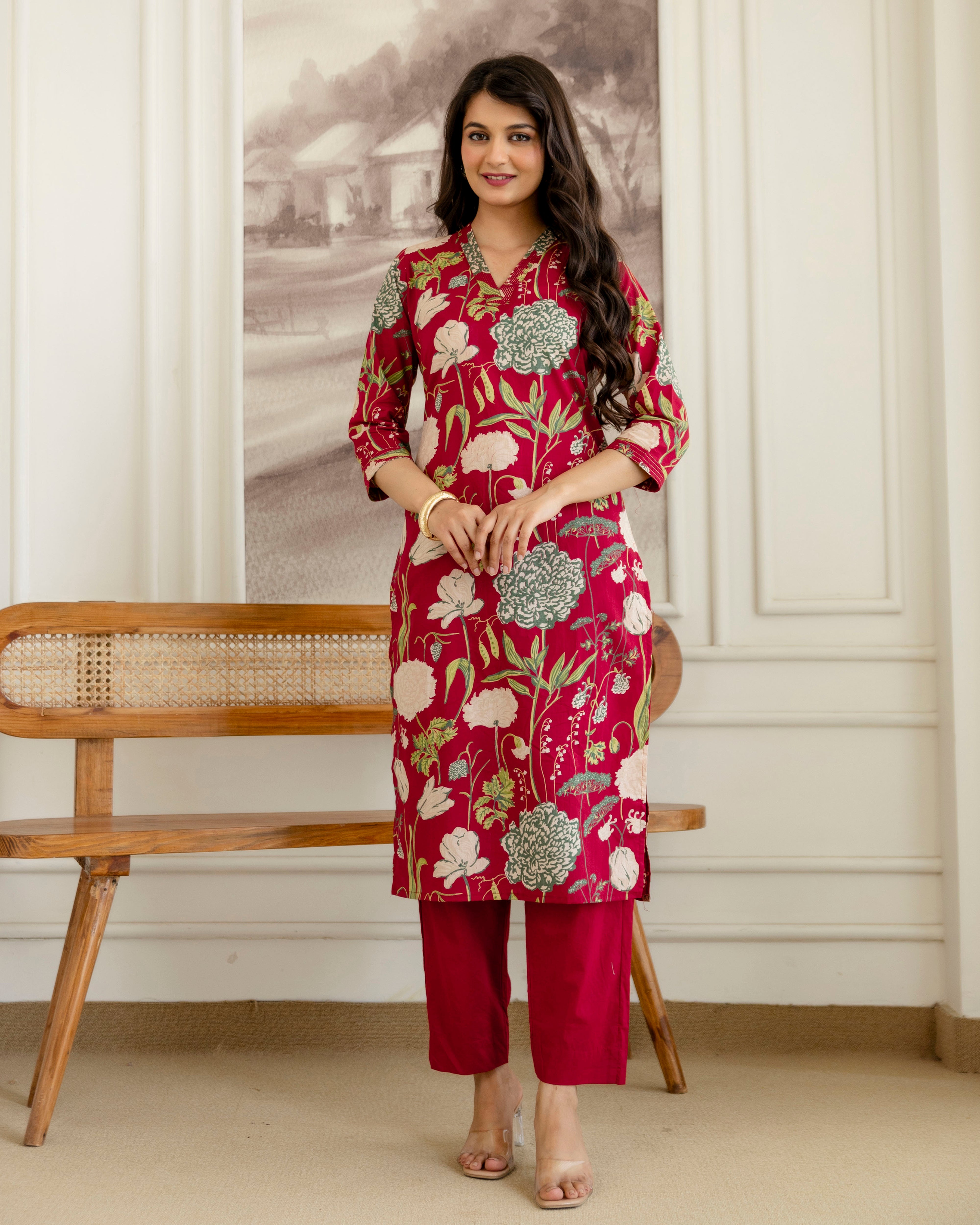 PHOOLWARI RED COTTON KURTA SET