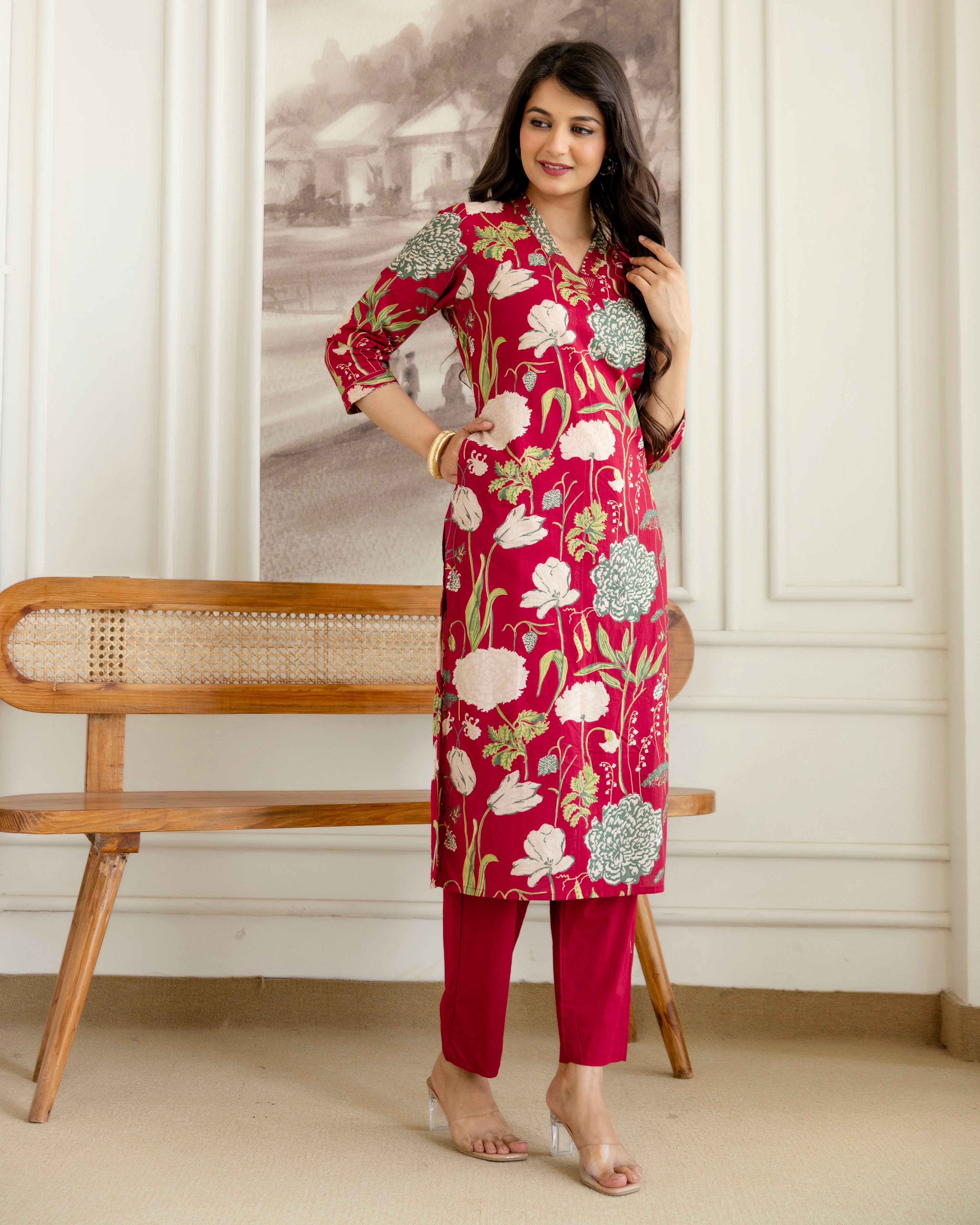 PHOOLWARI RED COTTON KURTA SET