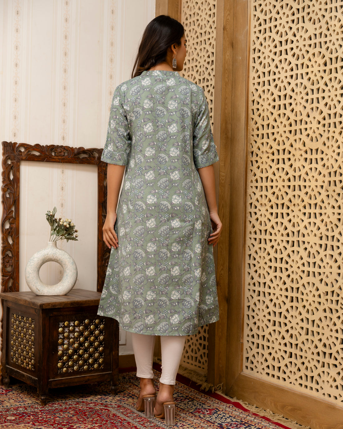 The 'Meera' Sage Floral A-Line Kurta