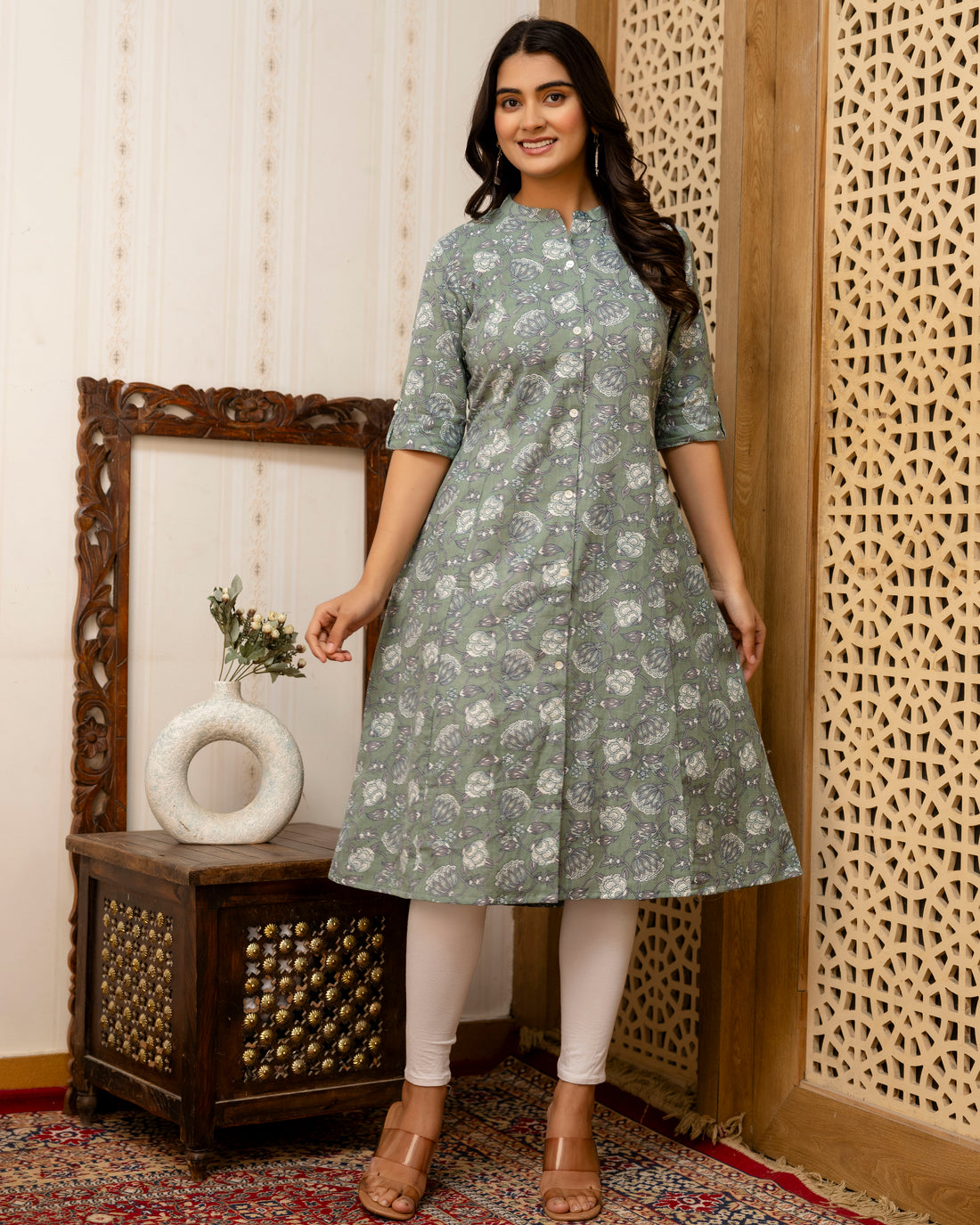 The 'Meera' Sage Floral A-Line Kurta