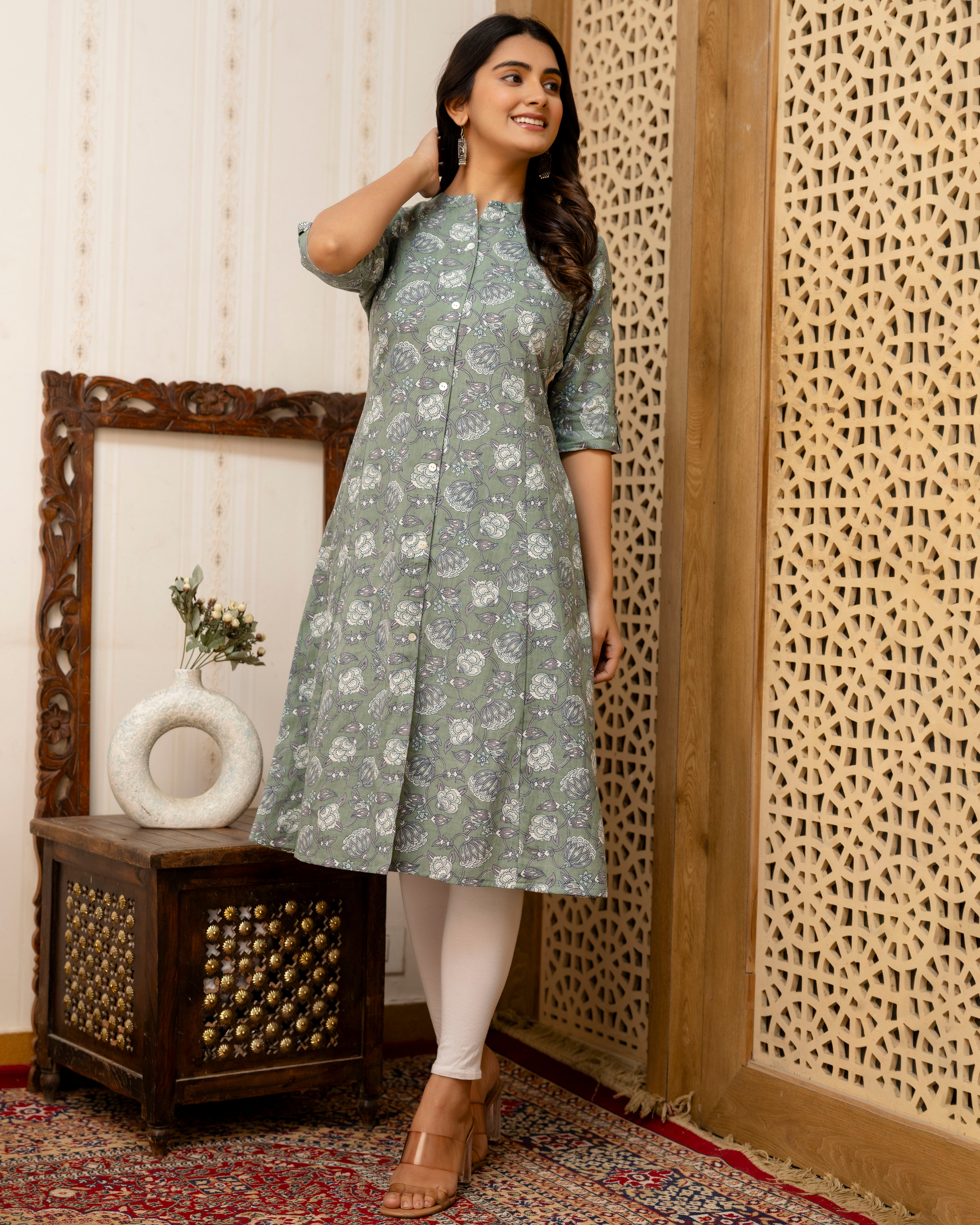 The 'Meera' Sage Floral A-Line Kurta