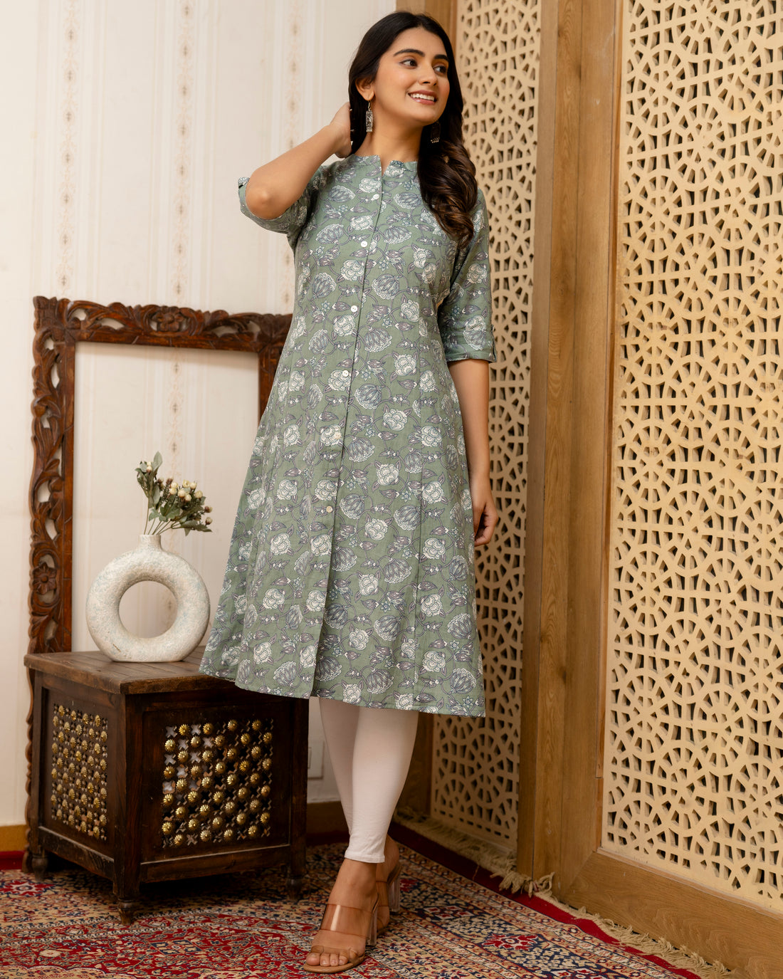The 'Meera' Sage Floral A-Line Kurta