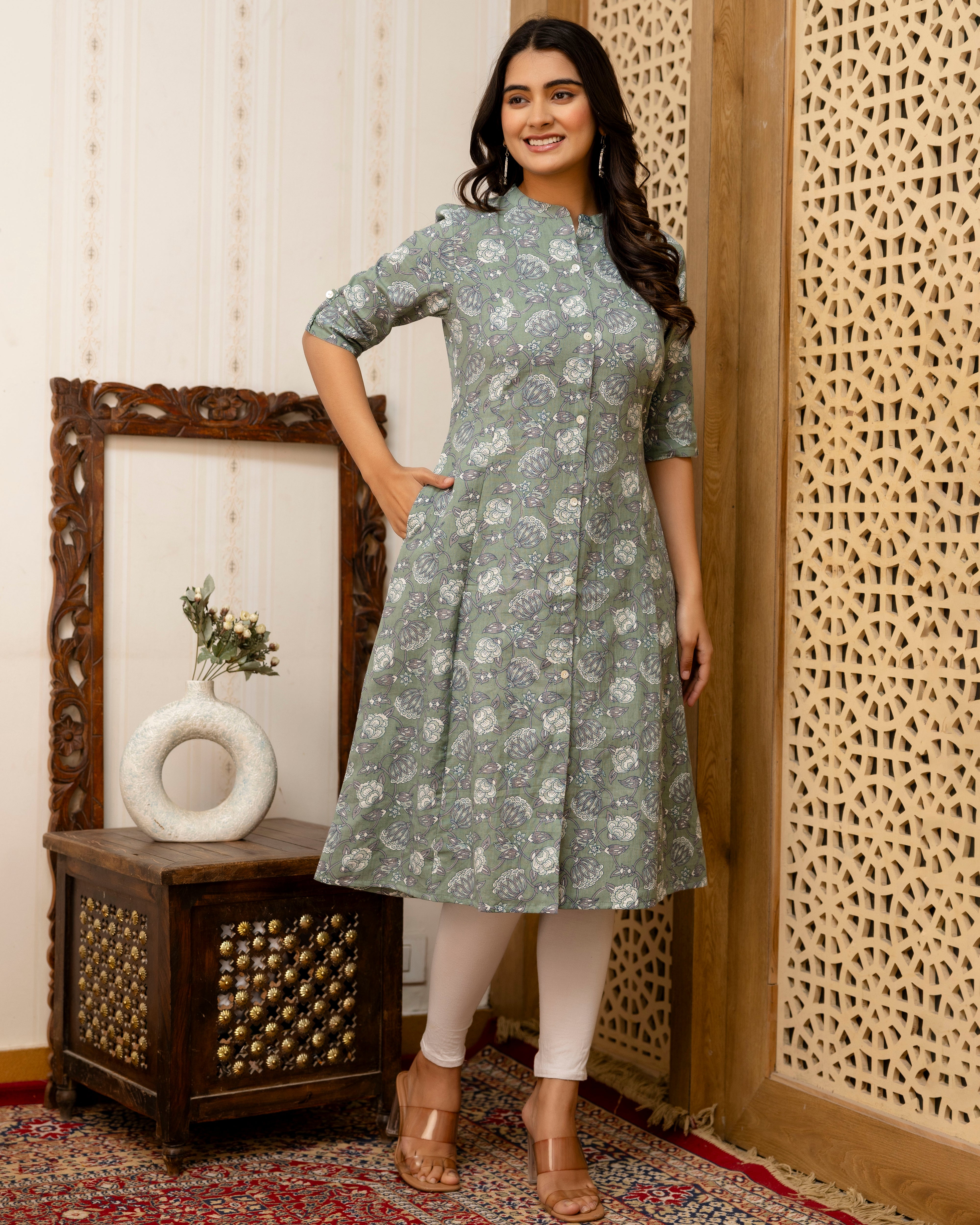 The 'Meera' Sage Floral A-Line Kurta