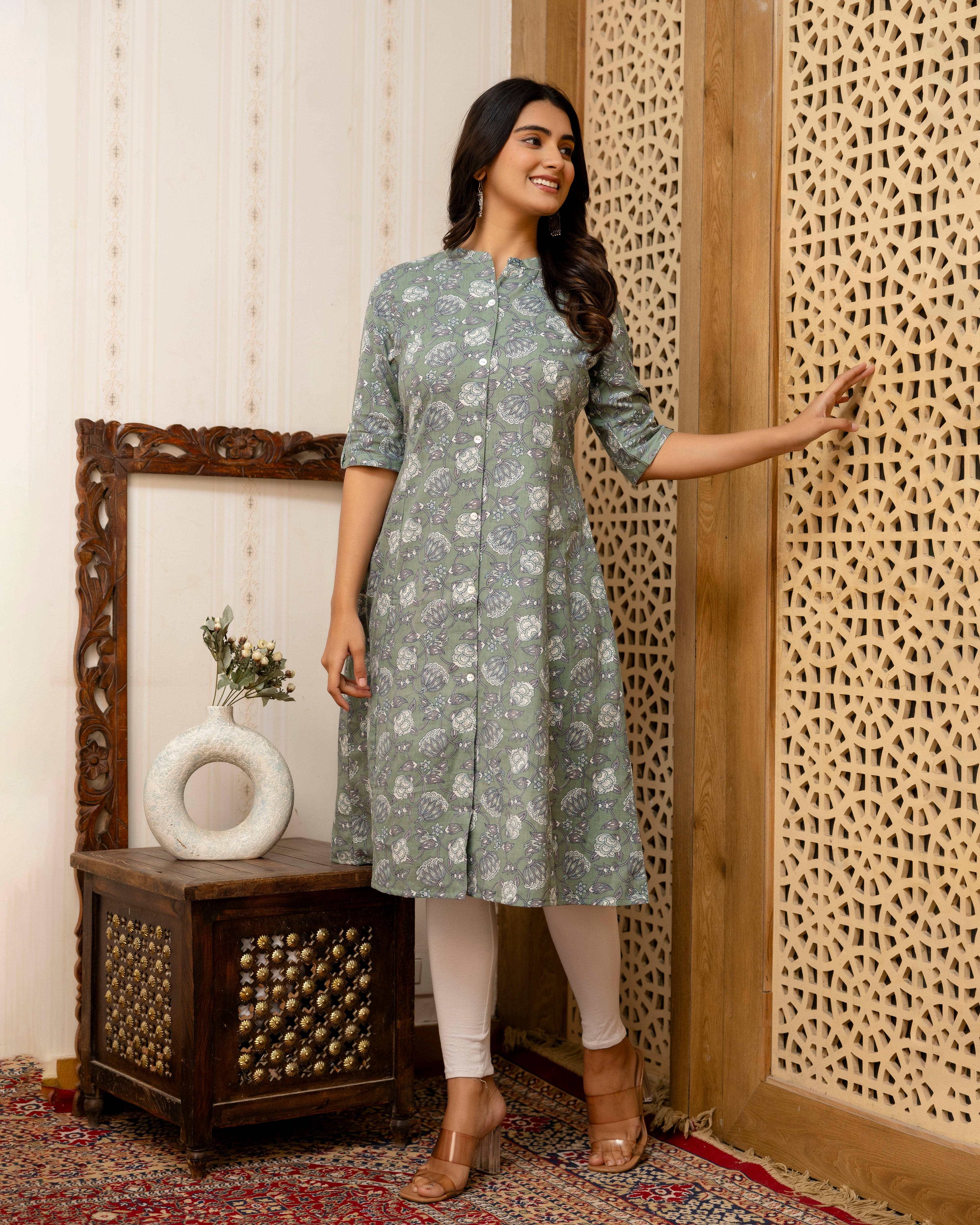 The 'Meera' Sage Floral A-Line Kurta