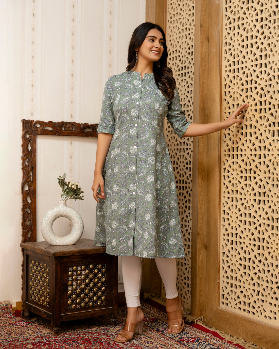 The 'Meera' Sage Floral A-Line Kurta