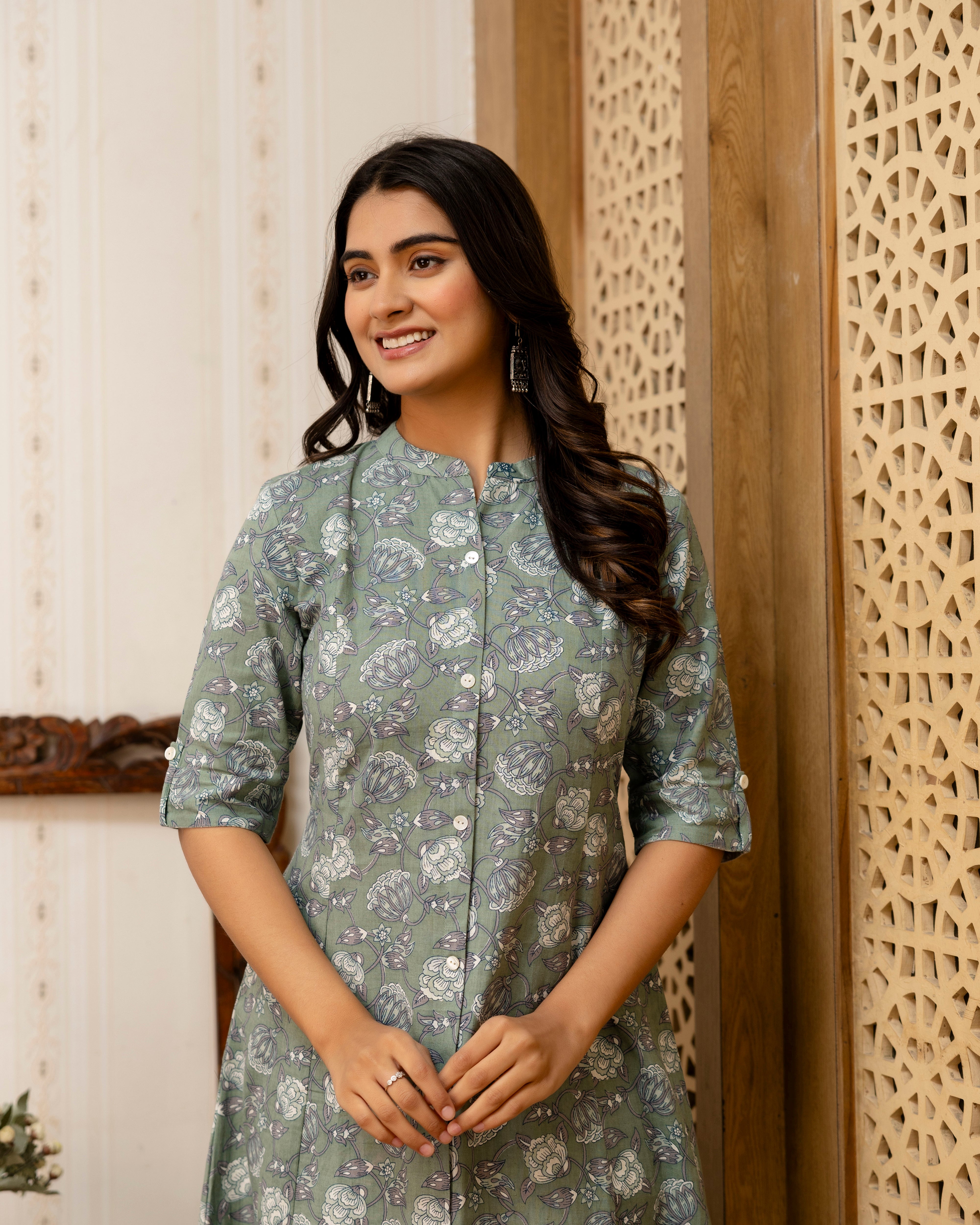 The 'Meera' Sage Floral A-Line Kurta
