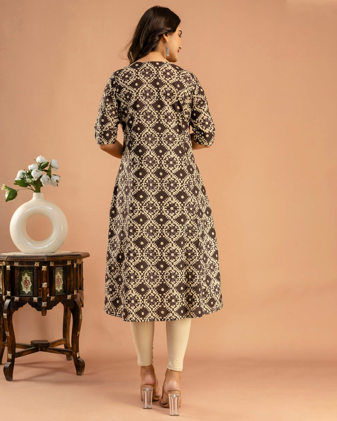 The 'Advika' Brown Geometric A-Line Kurta