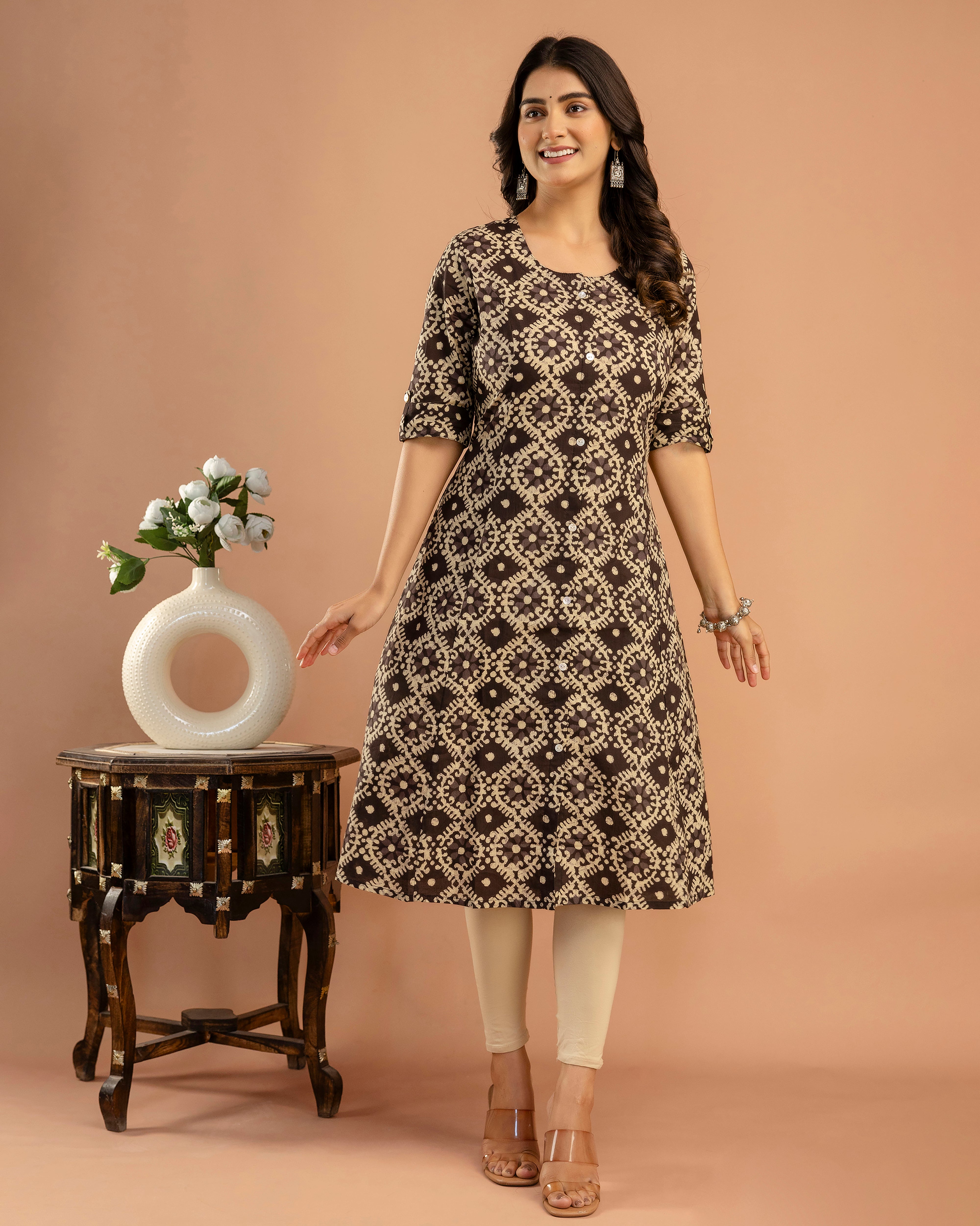 The 'Advika' Brown Geometric A-Line Kurta
