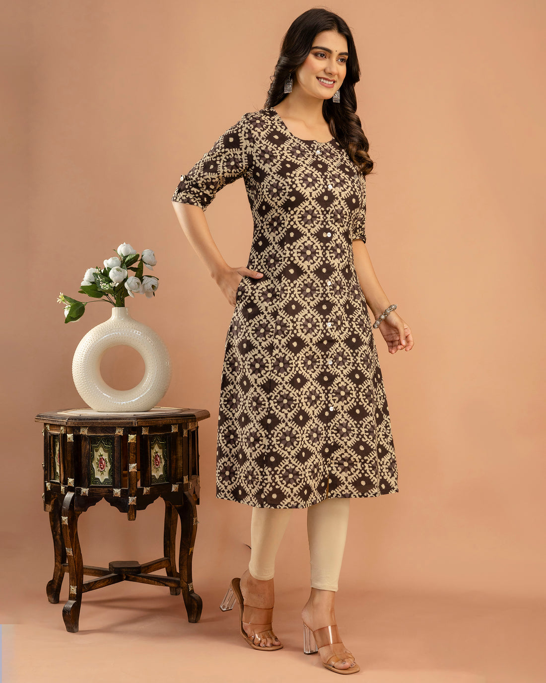 The 'Advika' Brown Geometric A-Line Kurta