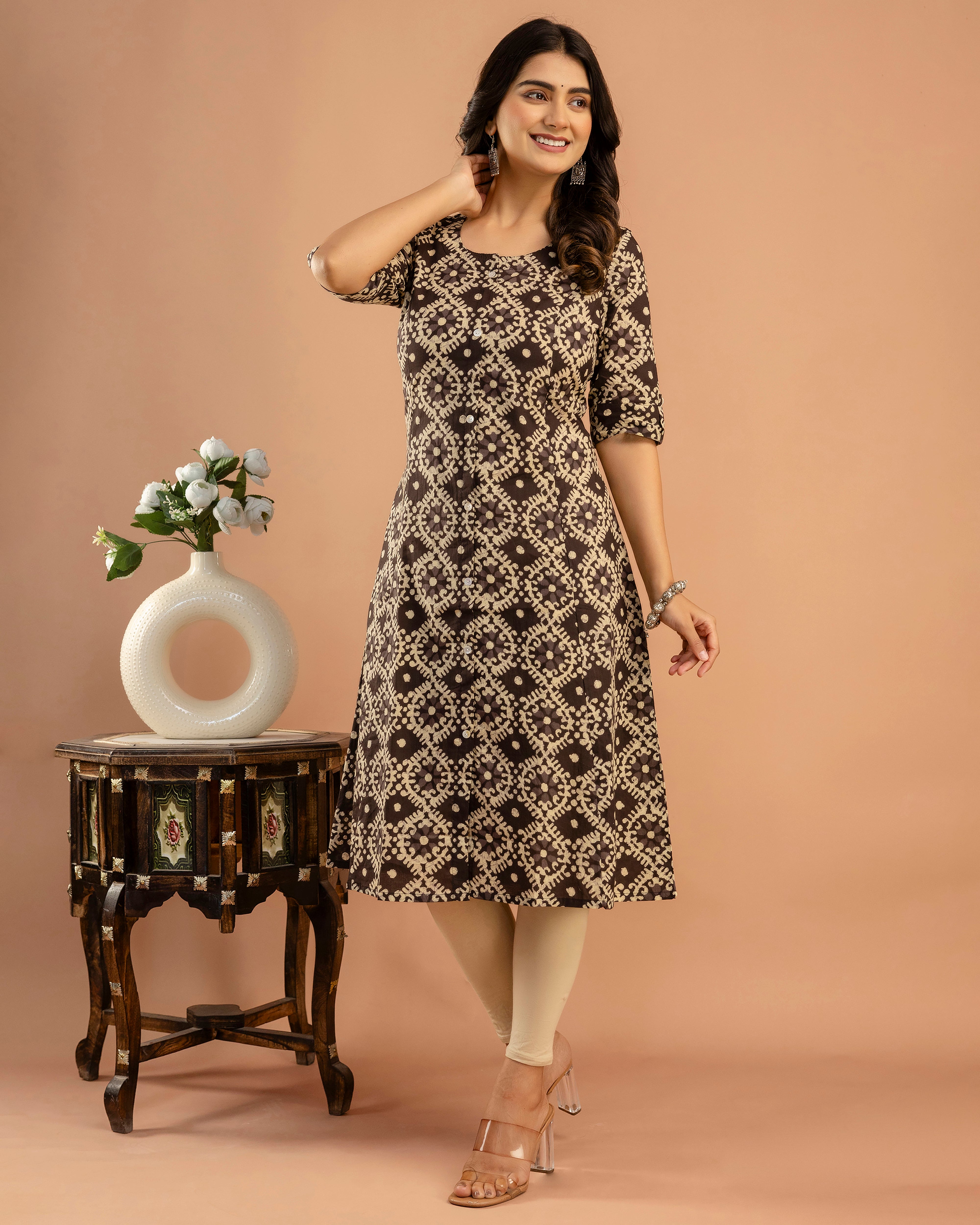 The 'Advika' Brown Geometric A-Line Kurta