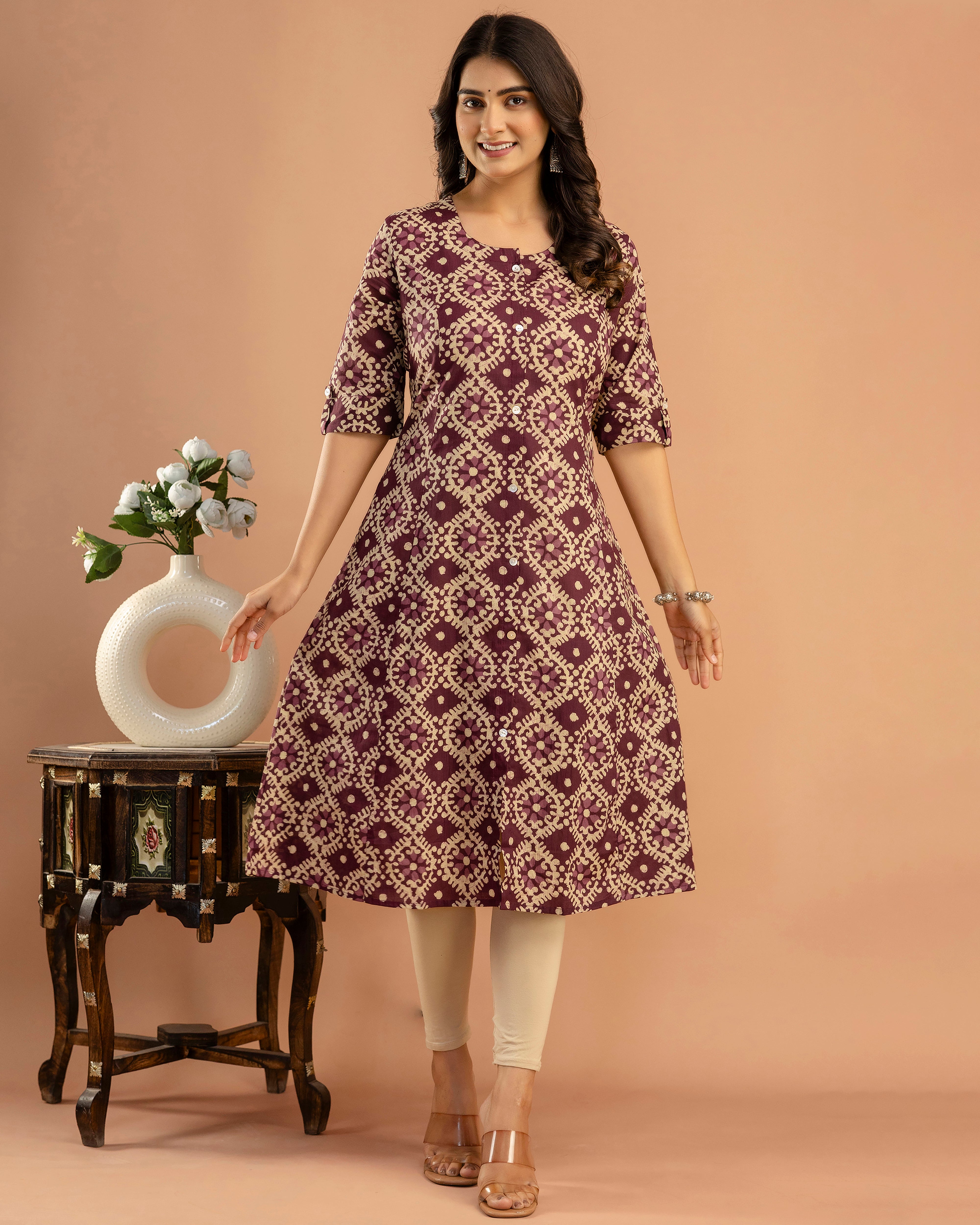 The 'Nyra' Plum Geometric A-Line Kurta