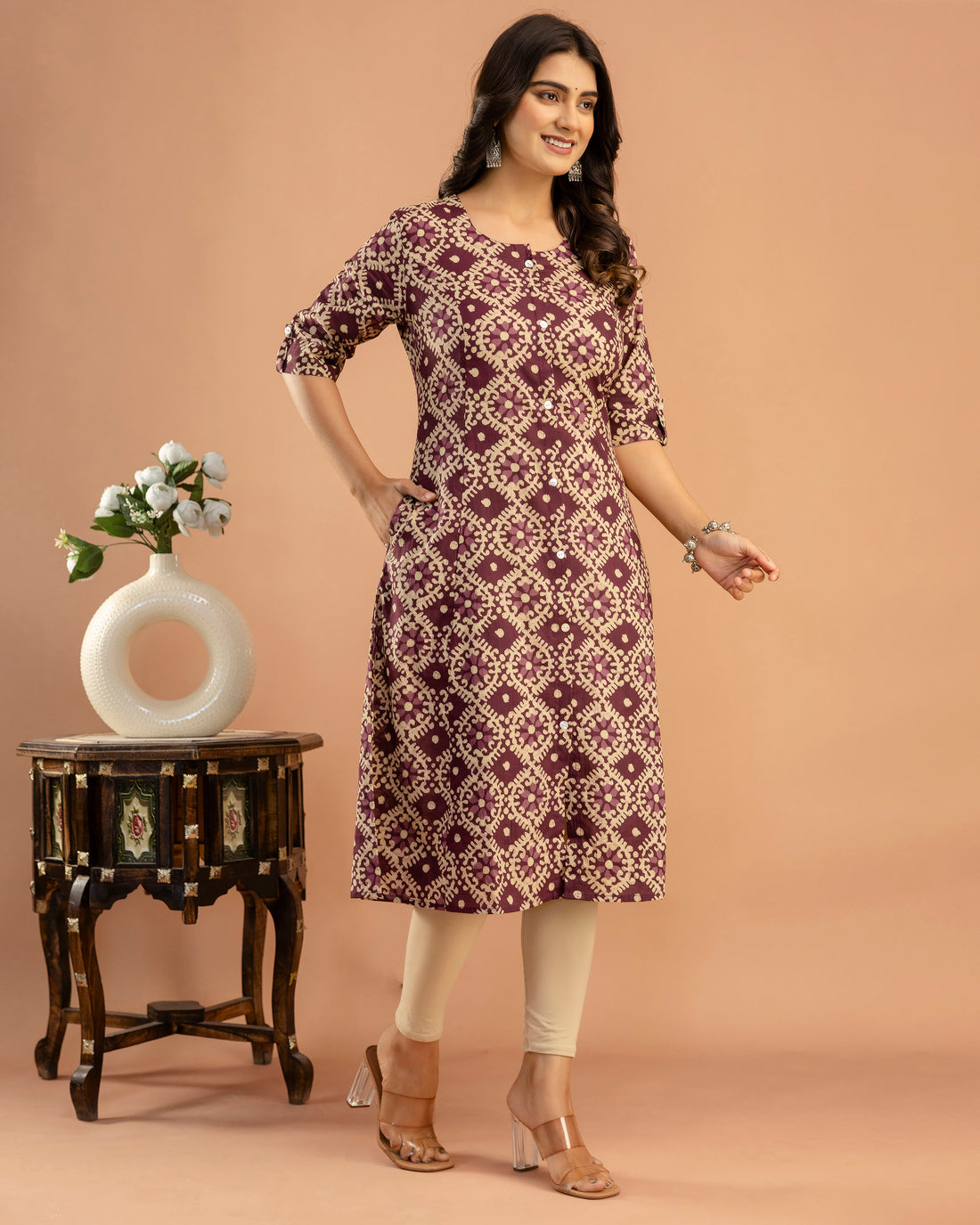 The 'Nyra' Plum Geometric A-Line Kurta