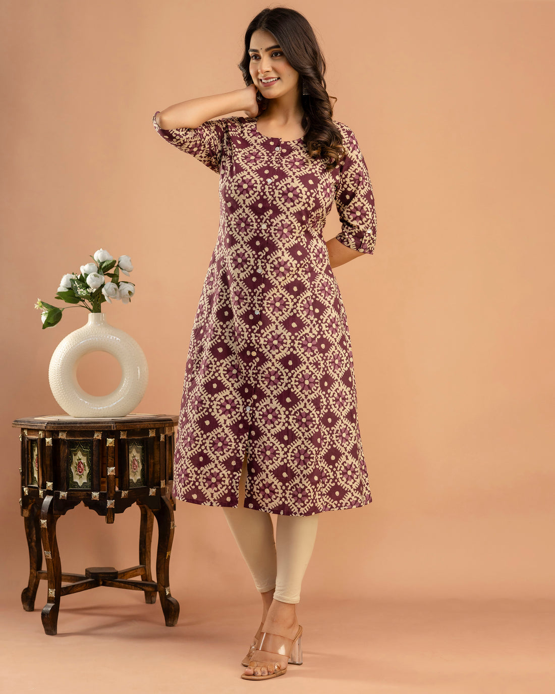 The 'Nyra' Plum Geometric A-Line Kurta