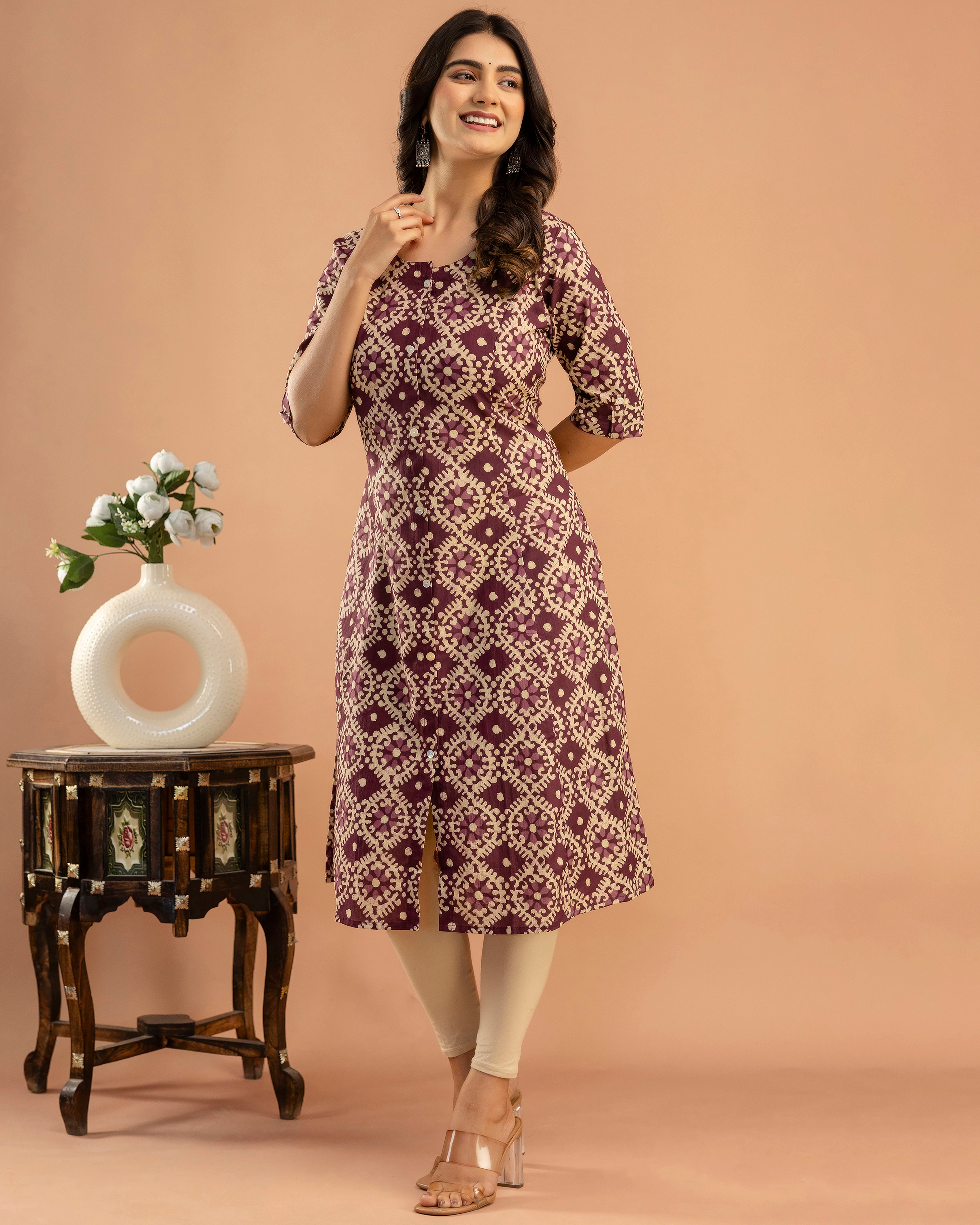 The 'Nyra' Plum Geometric A-Line Kurta