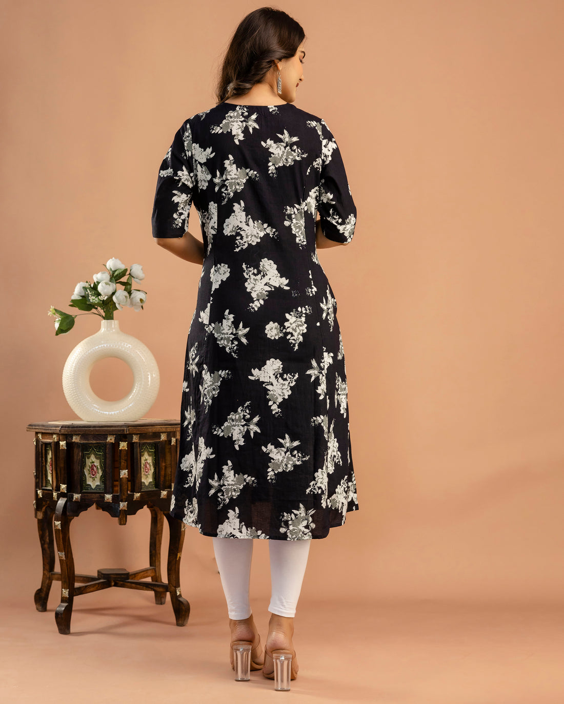 The 'Ziva' Black Floral A-Line Kurta