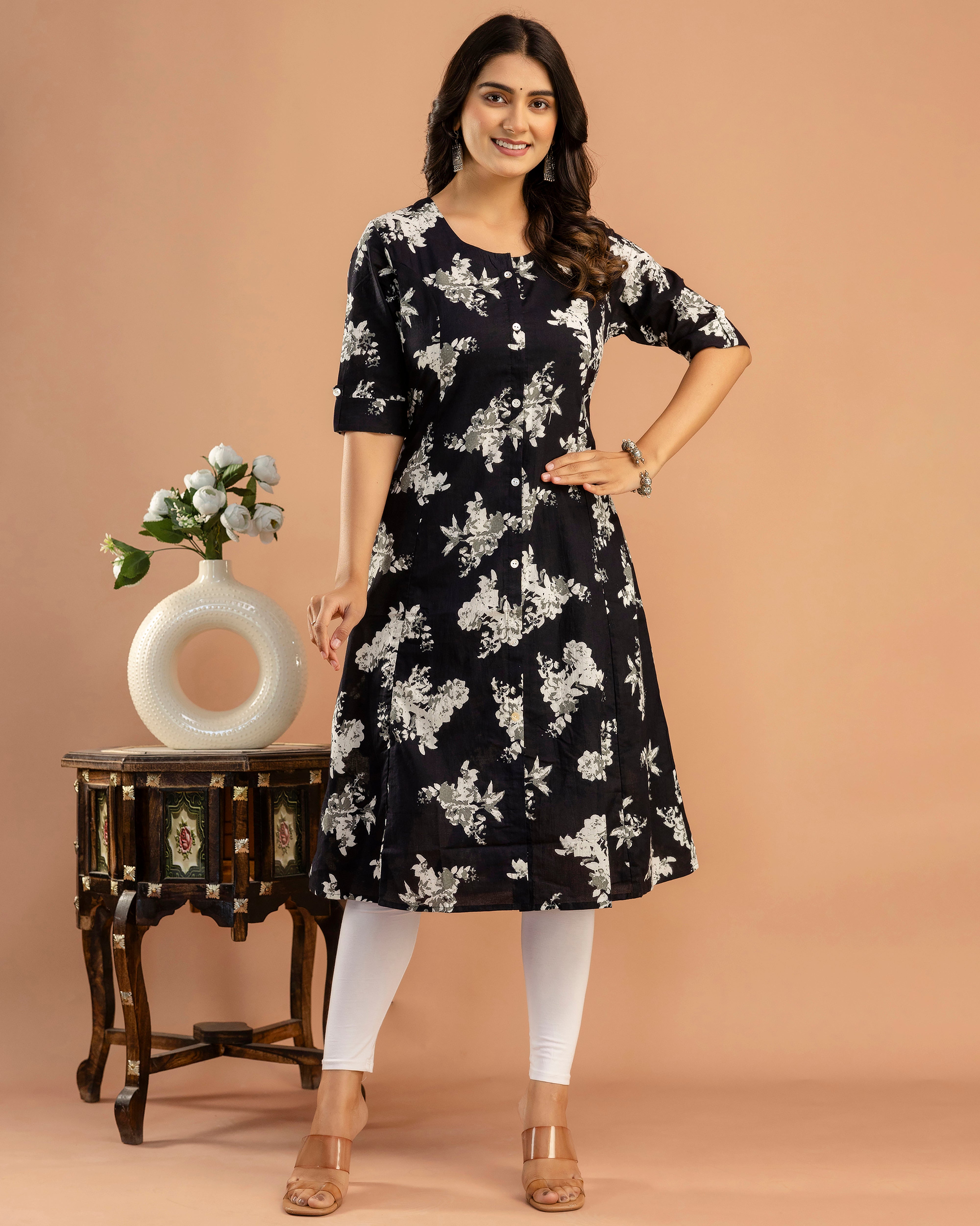 The 'Ziva' Black Floral A-Line Kurta